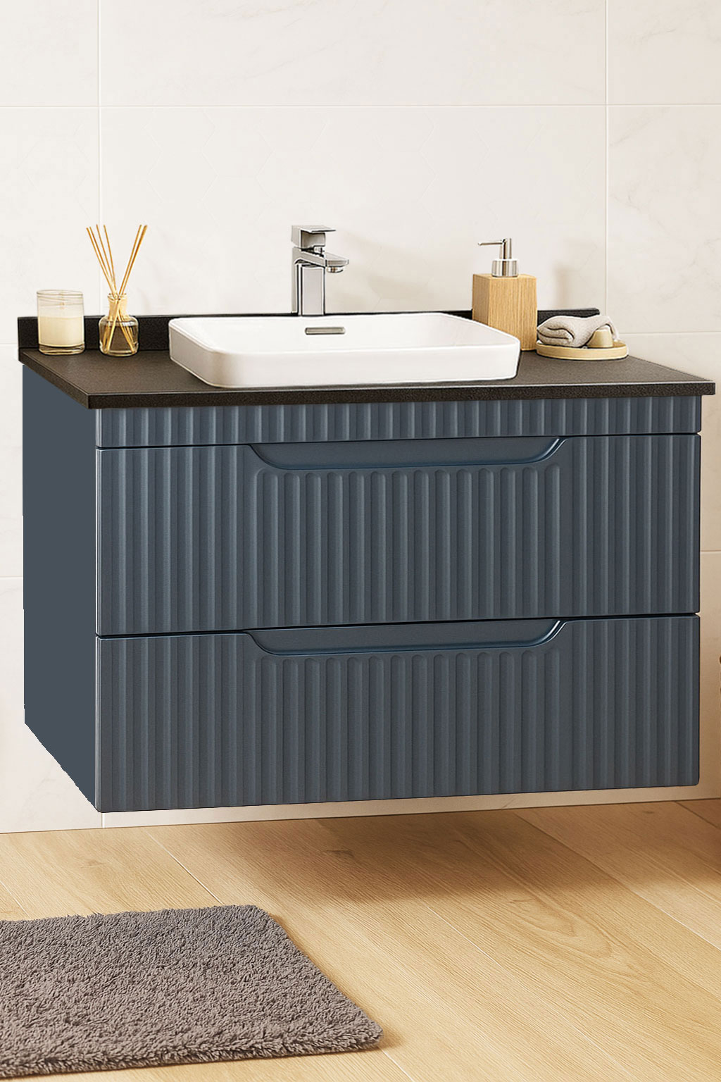 Mobilier Baie MDF cu blat compozit și lavoar ceramică, Seria 633, Suspendat, Sertare, 80cm, Antracit