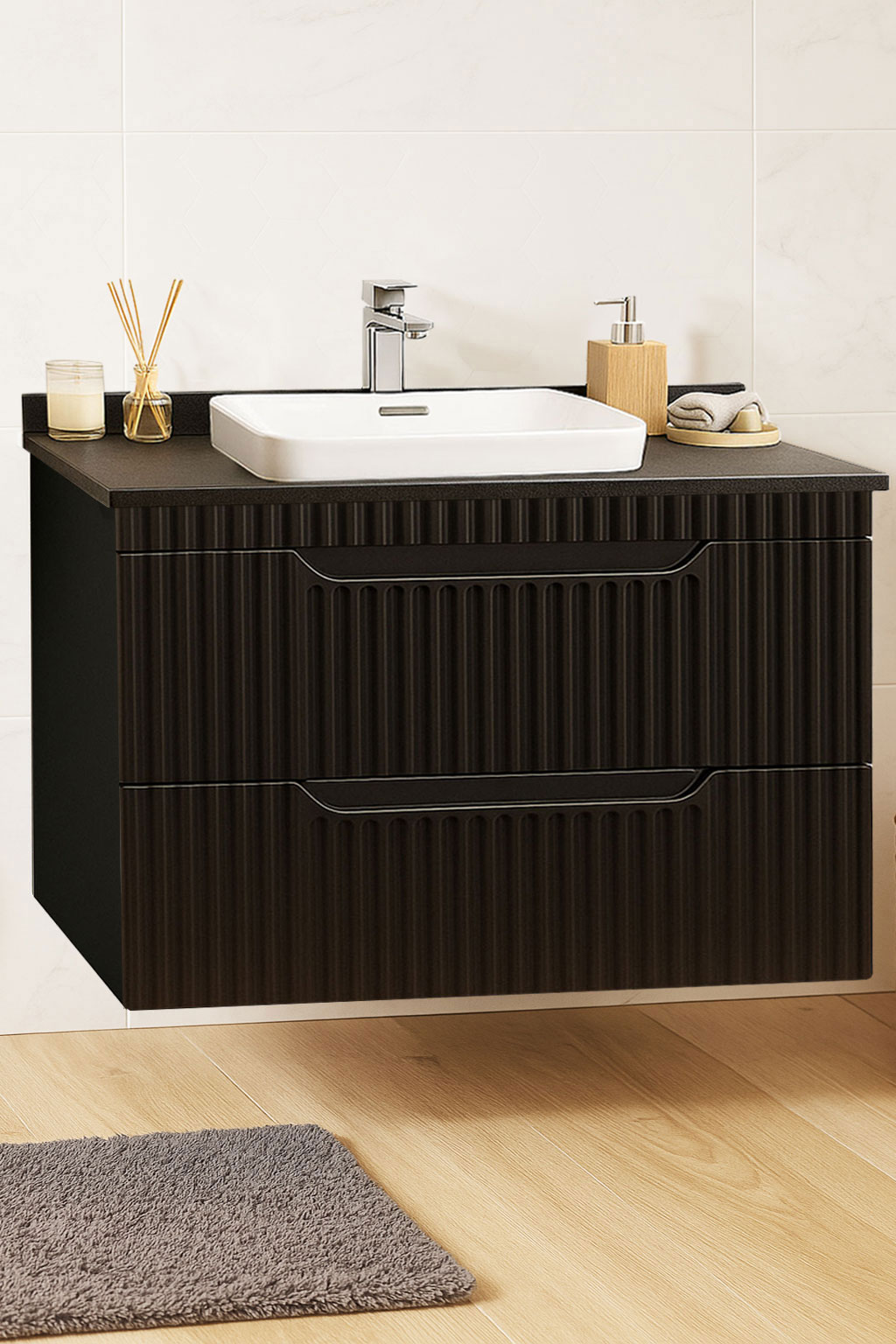 Mobilier Baie MDF cu blat compozit și lavoar ceramică, Seria 633, Suspendat, Sertare, 80cm, Negru