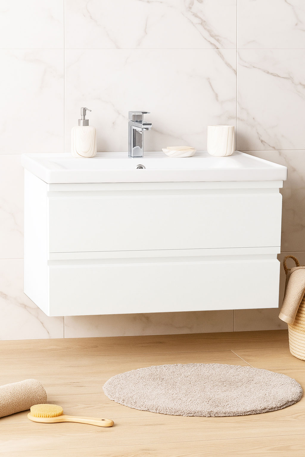 Mobilier Baie Kit și lavoar, Seria 786, Suspendat, Sertare, 90cm, Alb