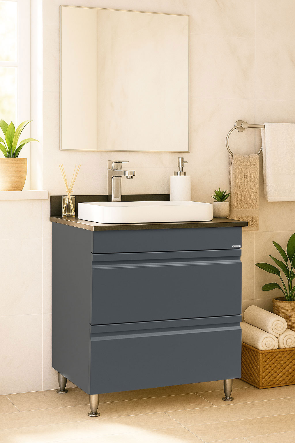 Mobilier Baie MDF cu blat compozit și lavoar ceramică, Seria 686, Sertare, 60cm, Antracit