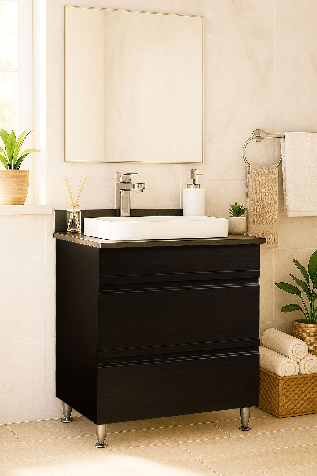 Mobilier Baie MDF cu blat compozit și lavoar ceramică, Seria 686, Sertare, 60cm, Negru