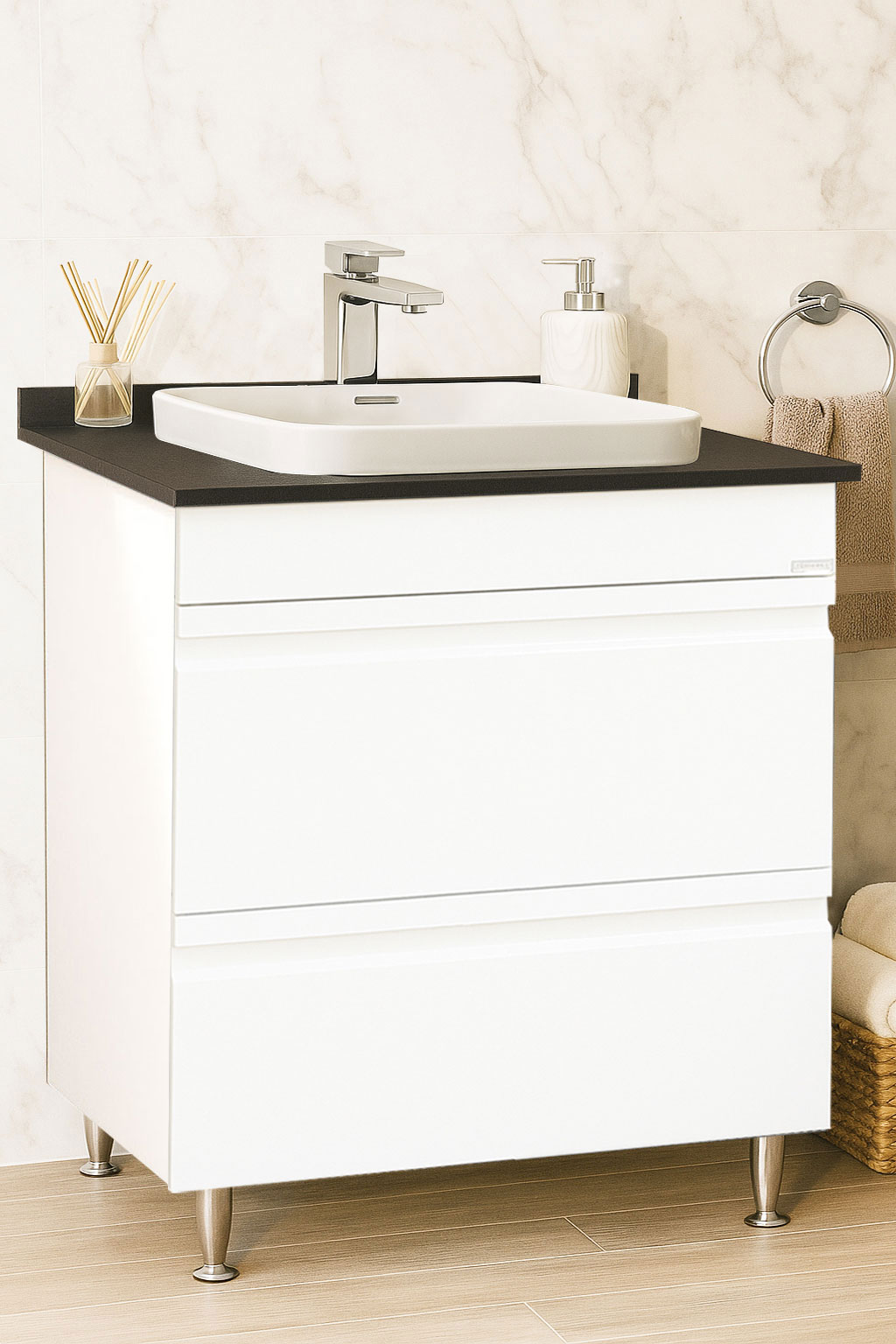 Mobilier Baie MDF cu blat compozit și lavoar ceramică, Seria 686, Sertare, 70cm, Alb