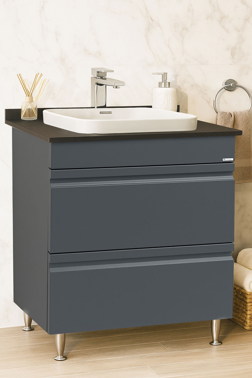 Mobilier Baie MDF cu blat compozit și lavoar ceramică, Seria 686, Sertare, 70cm, Antracit