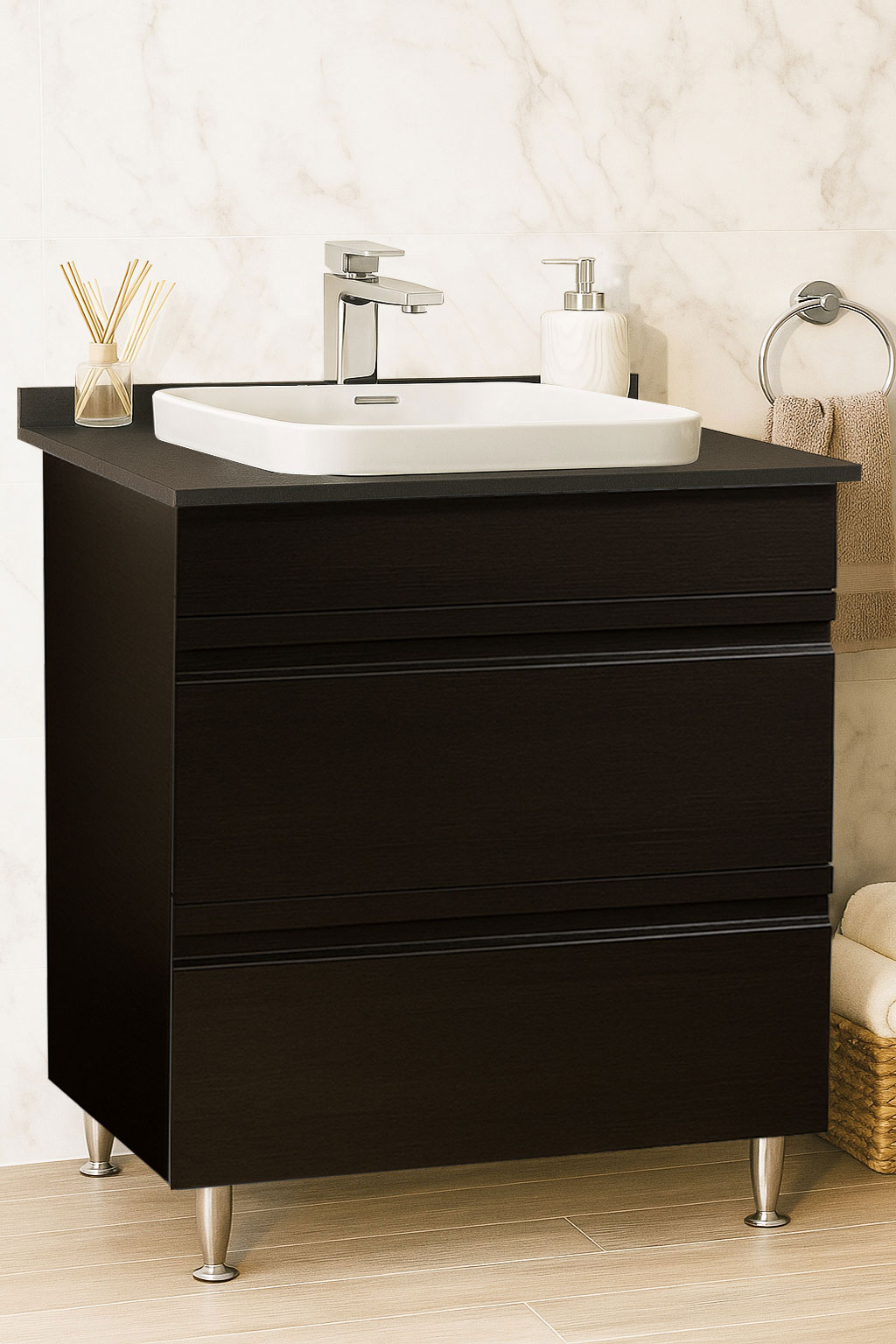 Mobilier Baie MDF cu blat compozit și lavoar ceramică, Seria 686, Sertare, 70cm, Negru