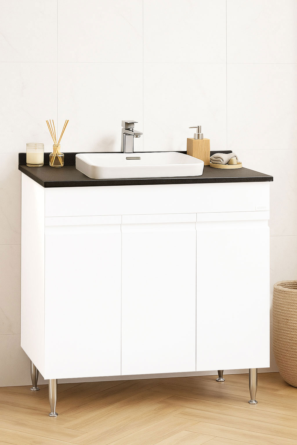 Mobilier Baie MDF cu blat compozit și lavoar ceramică, Seria 686, 80cm, Alb