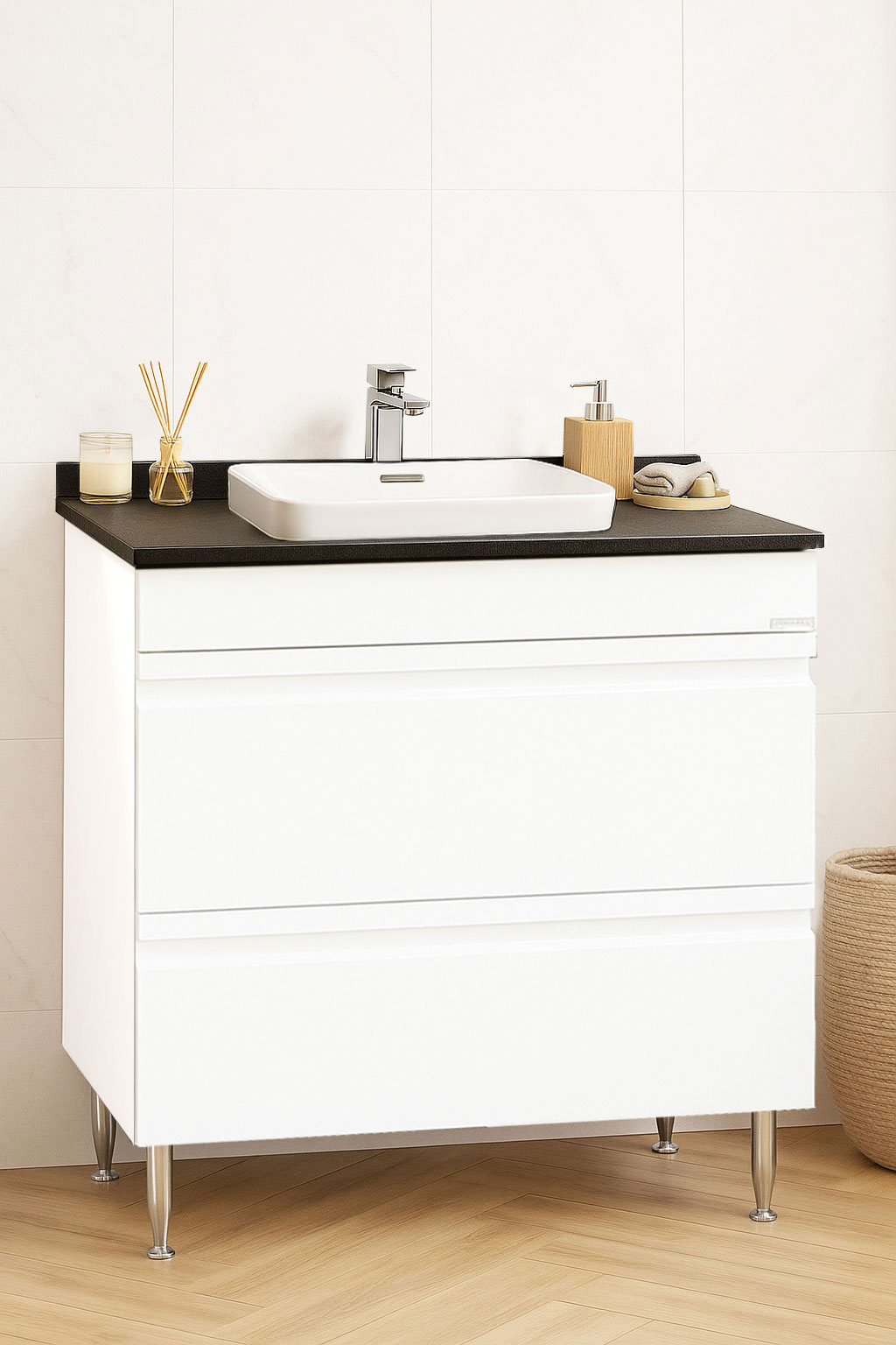 Mobilier Baie MDF cu blat compozit și lavoar ceramică, Seria 686, Sertare, 80cm, Alb