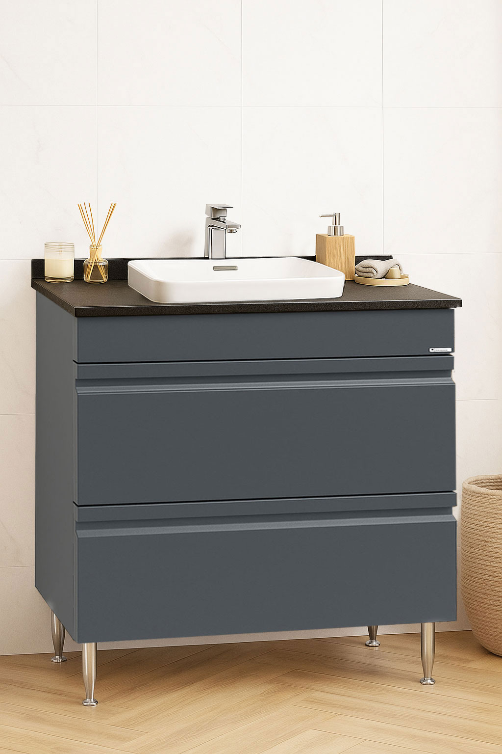 Mobilier Baie MDF cu blat compozit și lavoar ceramică, Seria 686, Sertare, 80cm, Antracit