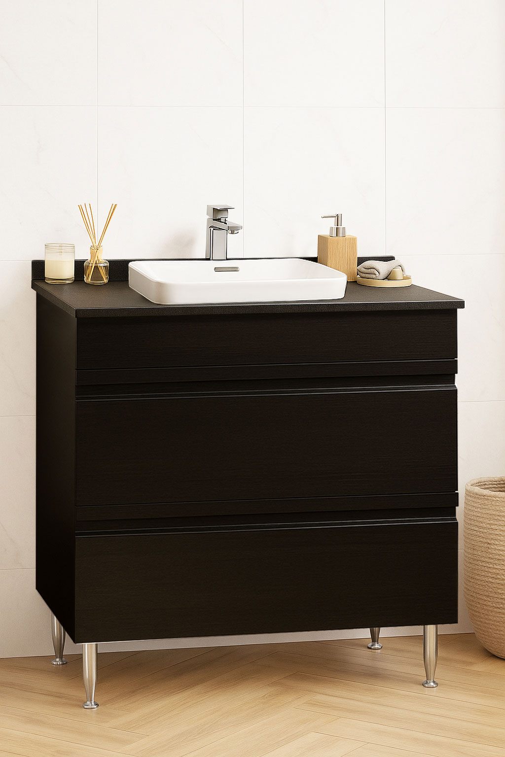 Mobilier Baie MDF cu blat compozit și lavoar ceramică, Seria 686, Sertare, 80cm, Negru