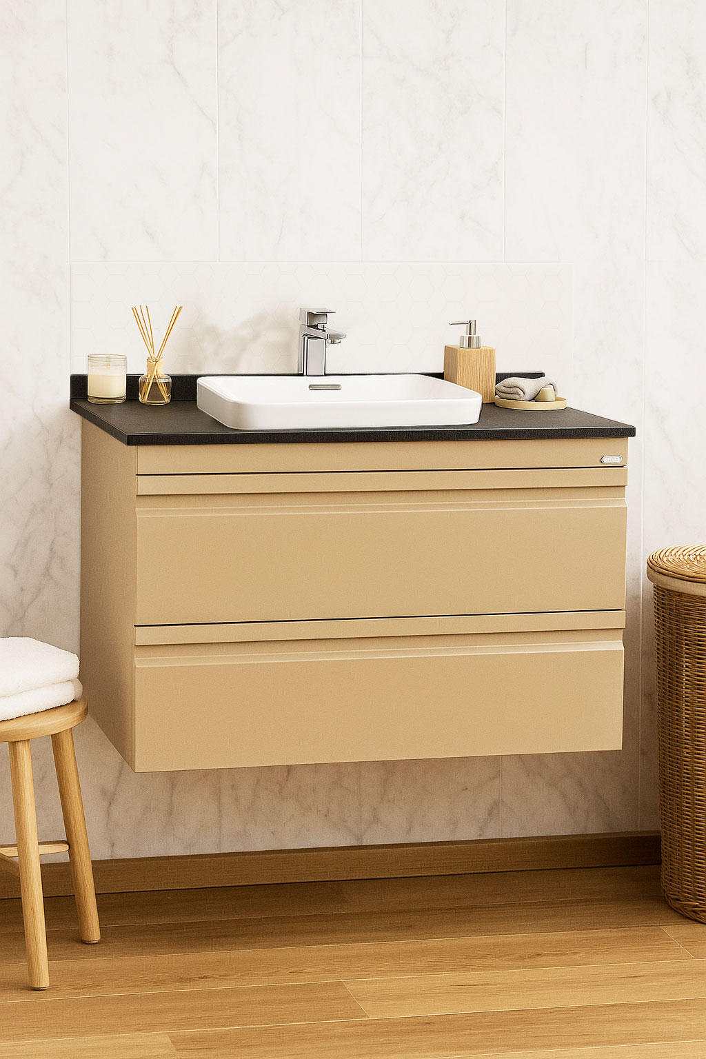 Mobilier Baie MDF cu blat compozit și lavoar ceramică, Seria 686, Suspendat, Sertare, 80cm, Cappuccino