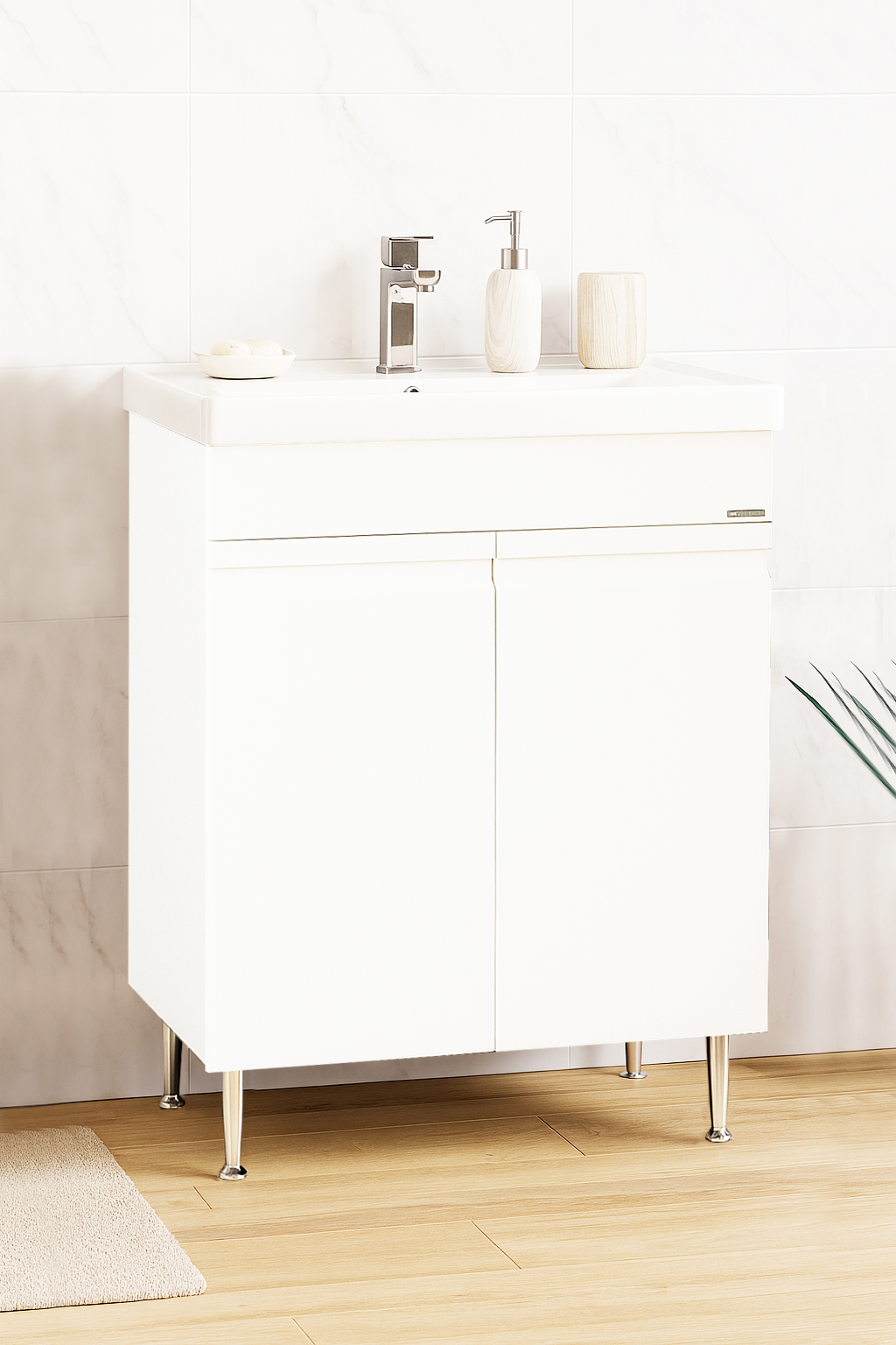 Mobilier Baie MDF Kit și lavoar ceramică, Seria 786, 60cm, Alb