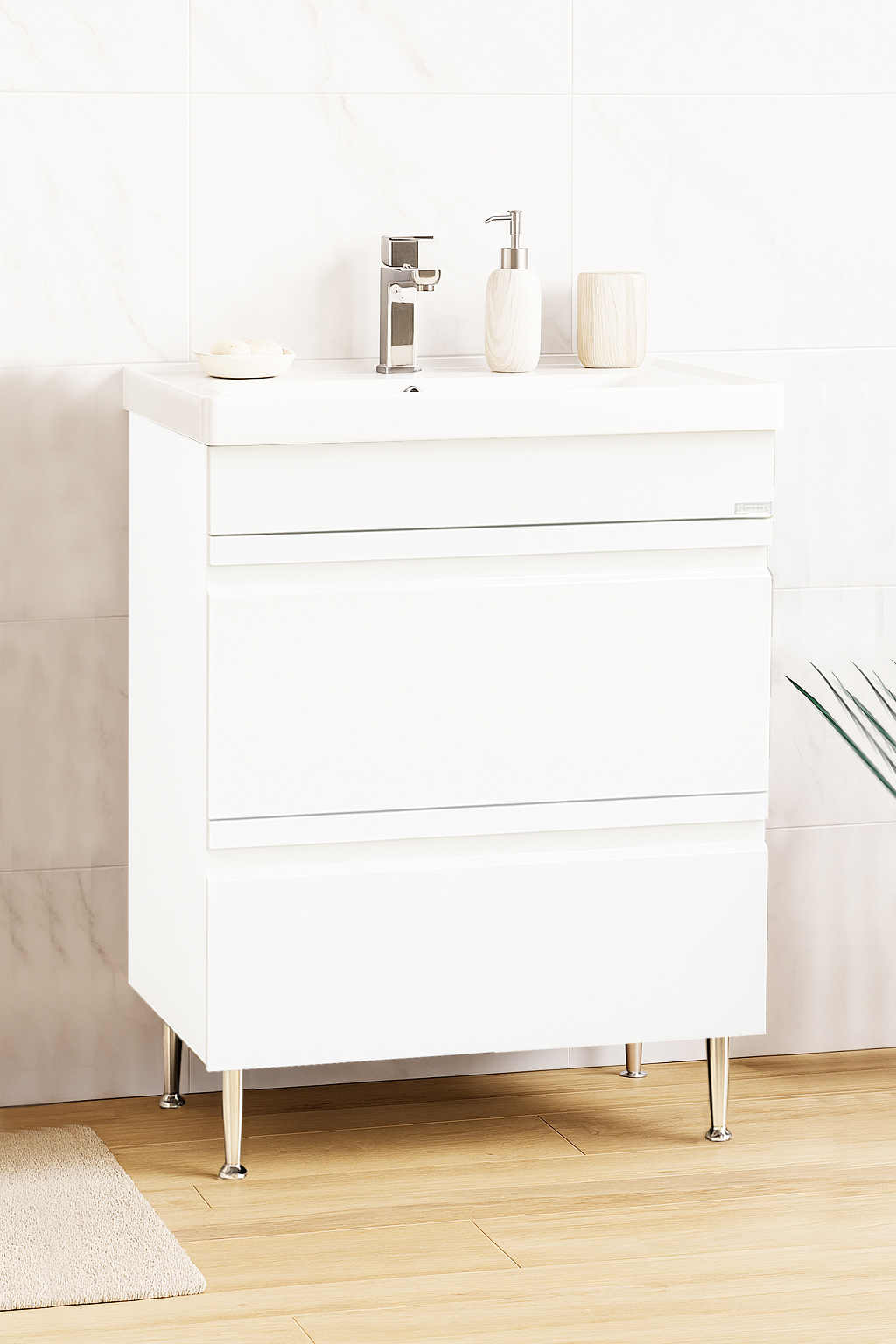 Mobilier Baie MDF Kit și lavoar ceramică, Seria 786, Sertare, 60cm, Alb