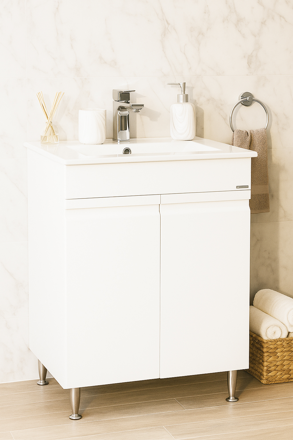 Mobilier Baie MDF Kit și lavoar ceramică, Seria 086, 60cm, Alb