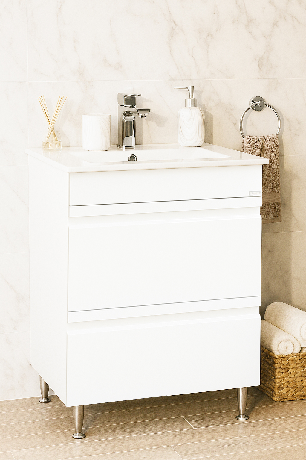 Mobilier Baie MDF Kit și lavoar ceramică, Seria 086, Sertare, 60cm, Alb