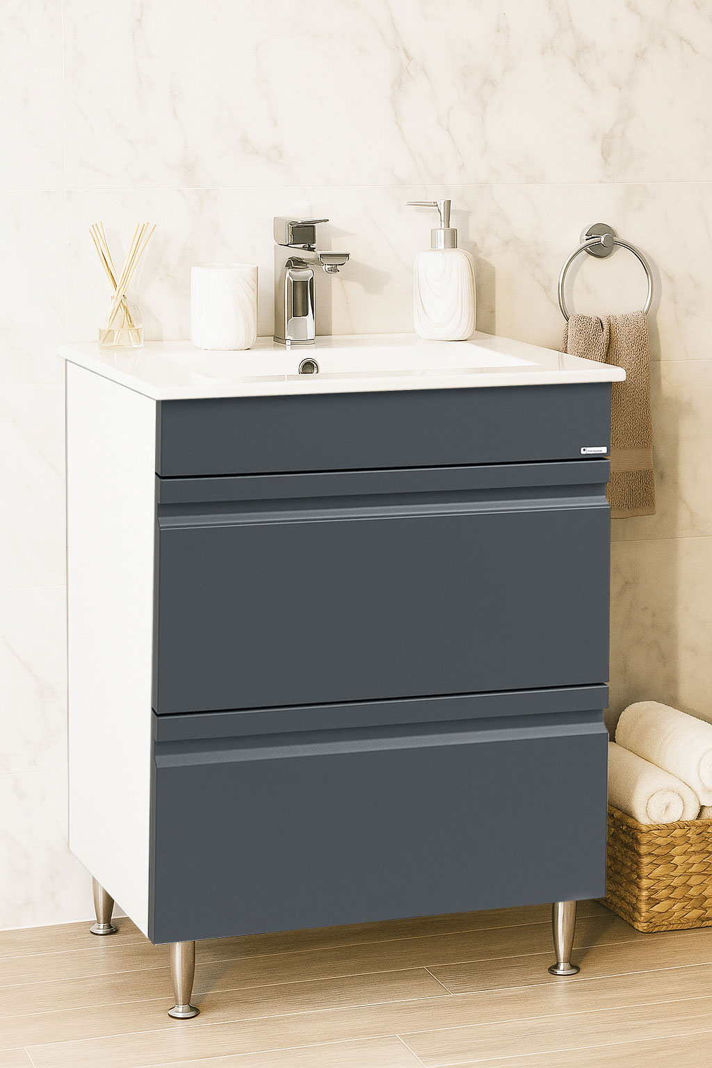 Mobilier Baie MDF Kit și lavoar ceramică, Seria 086, Sertare, 60cm, Antracit