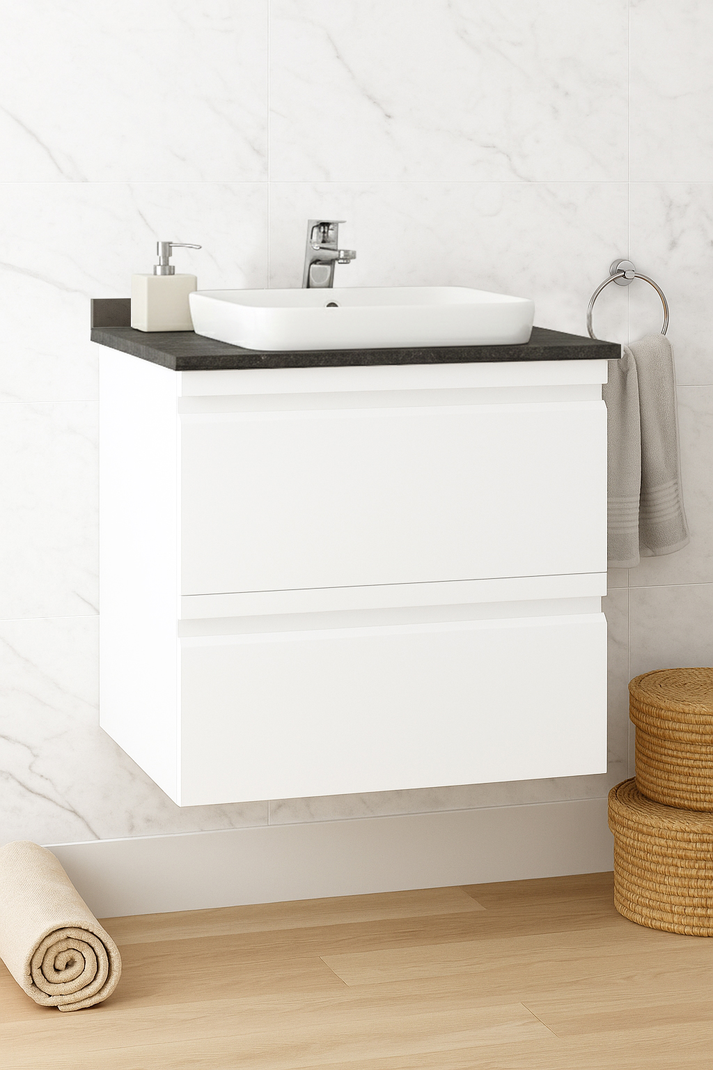 Mobilier Baie MDF cu blat compozit și lavoar ceramică, Seria 686, Suspendat, Sertare, 60cm, Alb