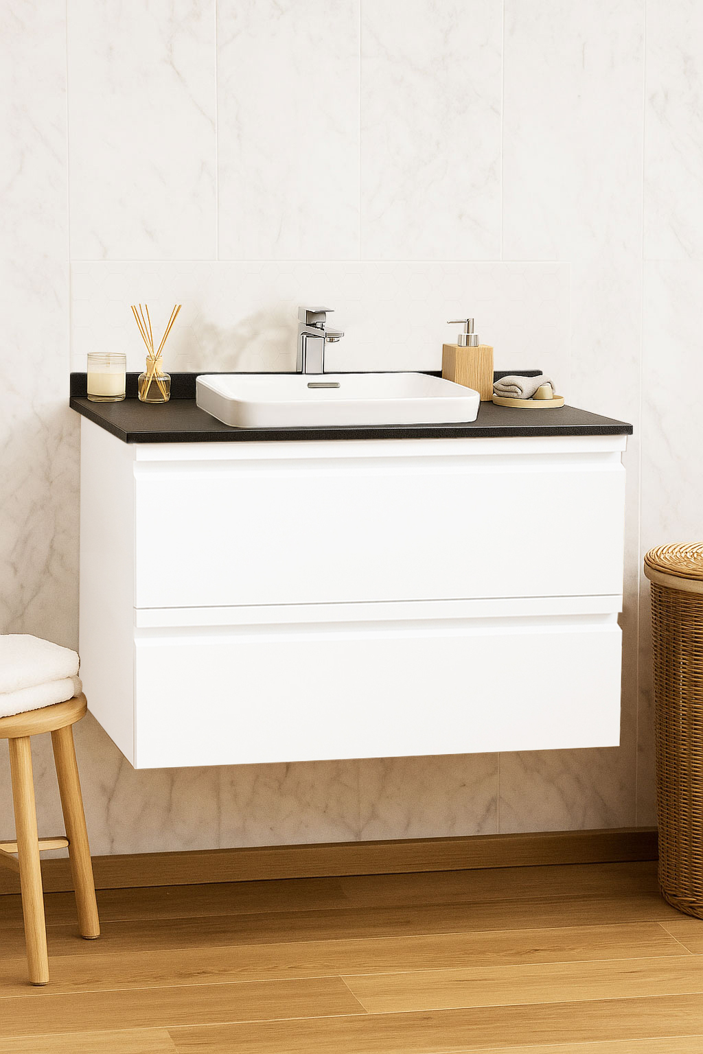 Mobilier Baie MDF cu blat compozit și lavoar ceramică, Seria 686, Suspendat, Sertare, 80cm, Alb