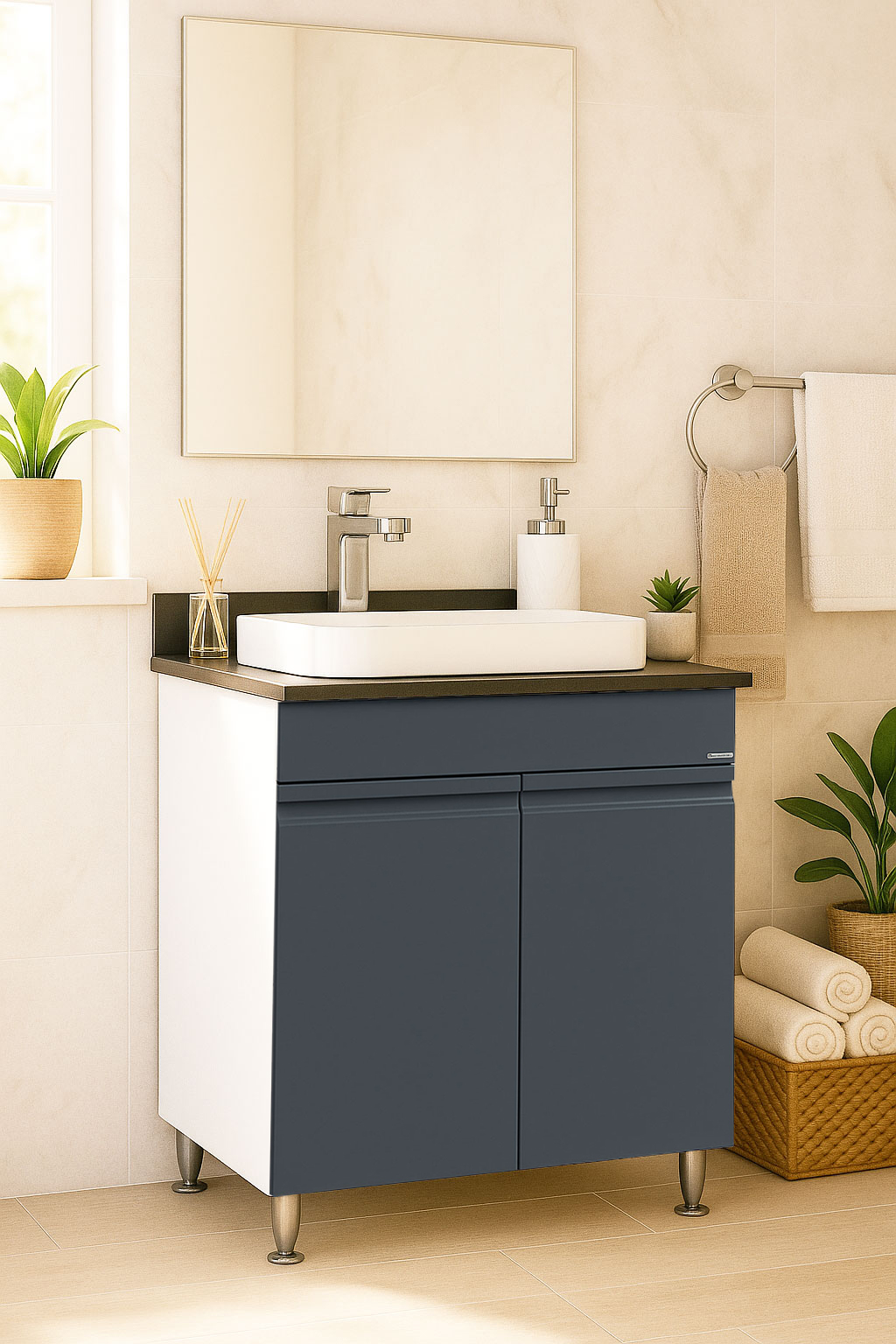 Mobilier Baie MDF Kit cu blat compozit și lavoar ceramică, Seria 686, 60cm, Antracit