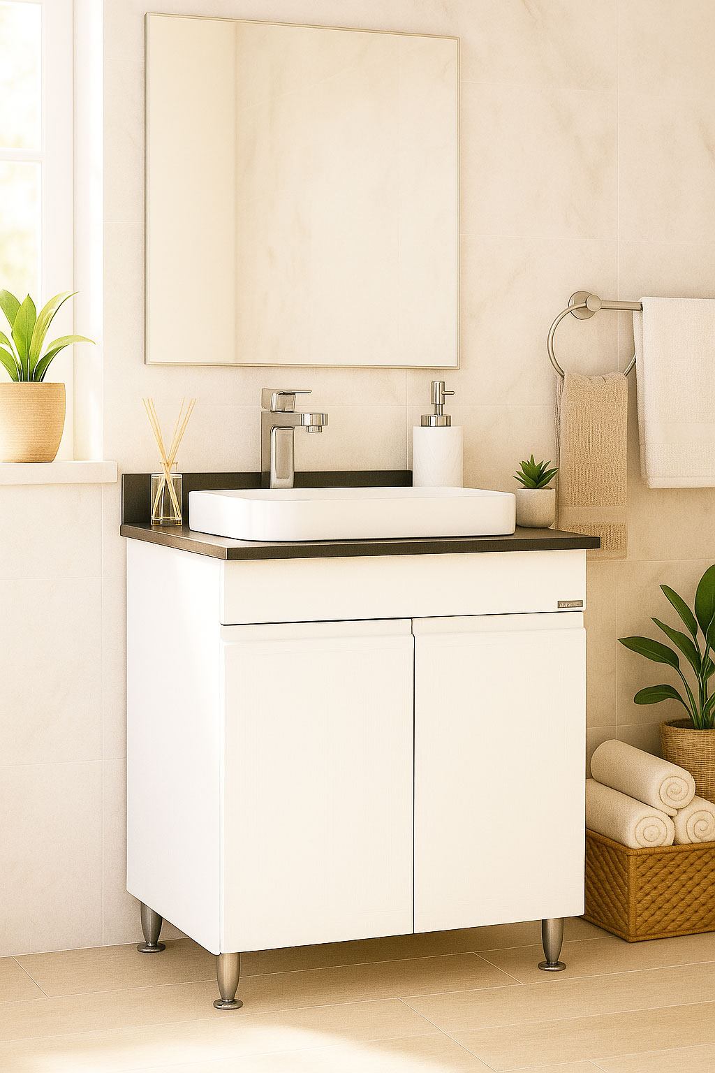 Mobilier Baie MDF Kit cu blat compozit și lavoar ceramică, Seria 686, 60cm, Alb