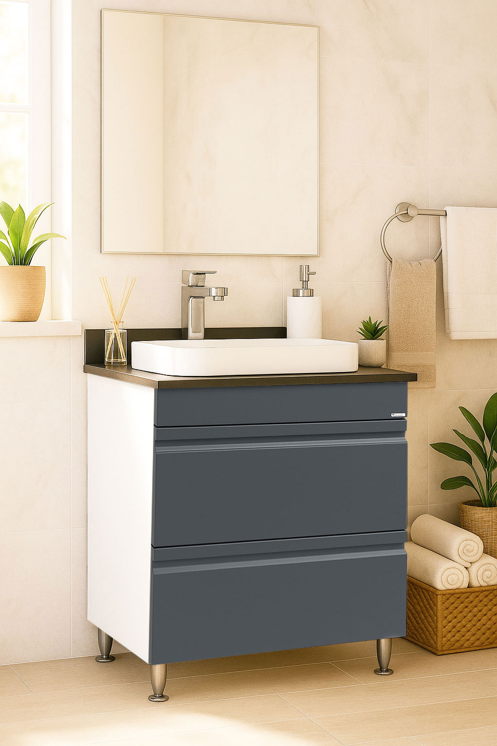 Mobilier Baie MDF Kit cu blat compozit și lavoar ceramică, Seria 686, Sertare, 60cm, Antracit