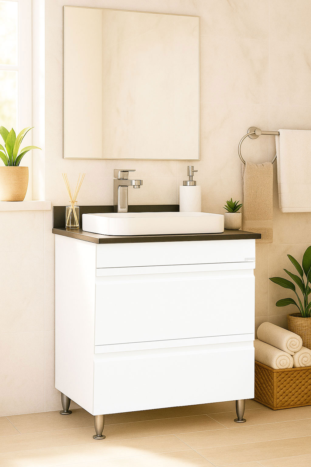 Mobilier Baie MDF Kit cu blat compozit și lavoar ceramică, Seria 686, Sertare, 60cm, Alb