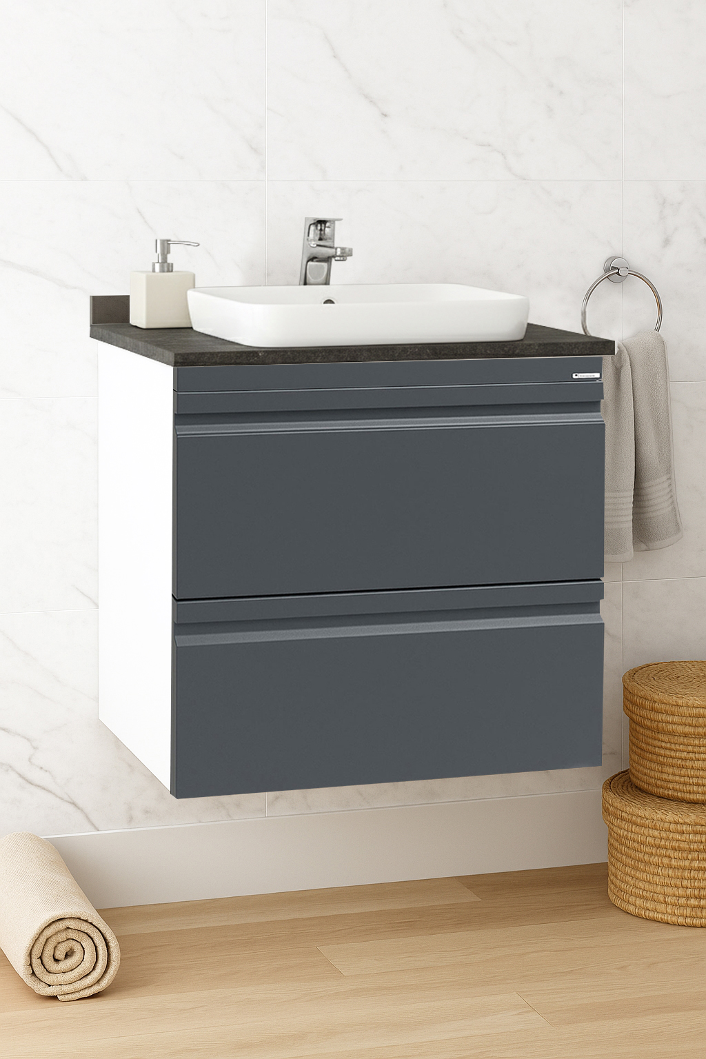 Mobilier Baie MDF Kit cu blat compozit și lavoar ceramică, Seria 686, Suspendat, Sertare, 60cm, Antracit