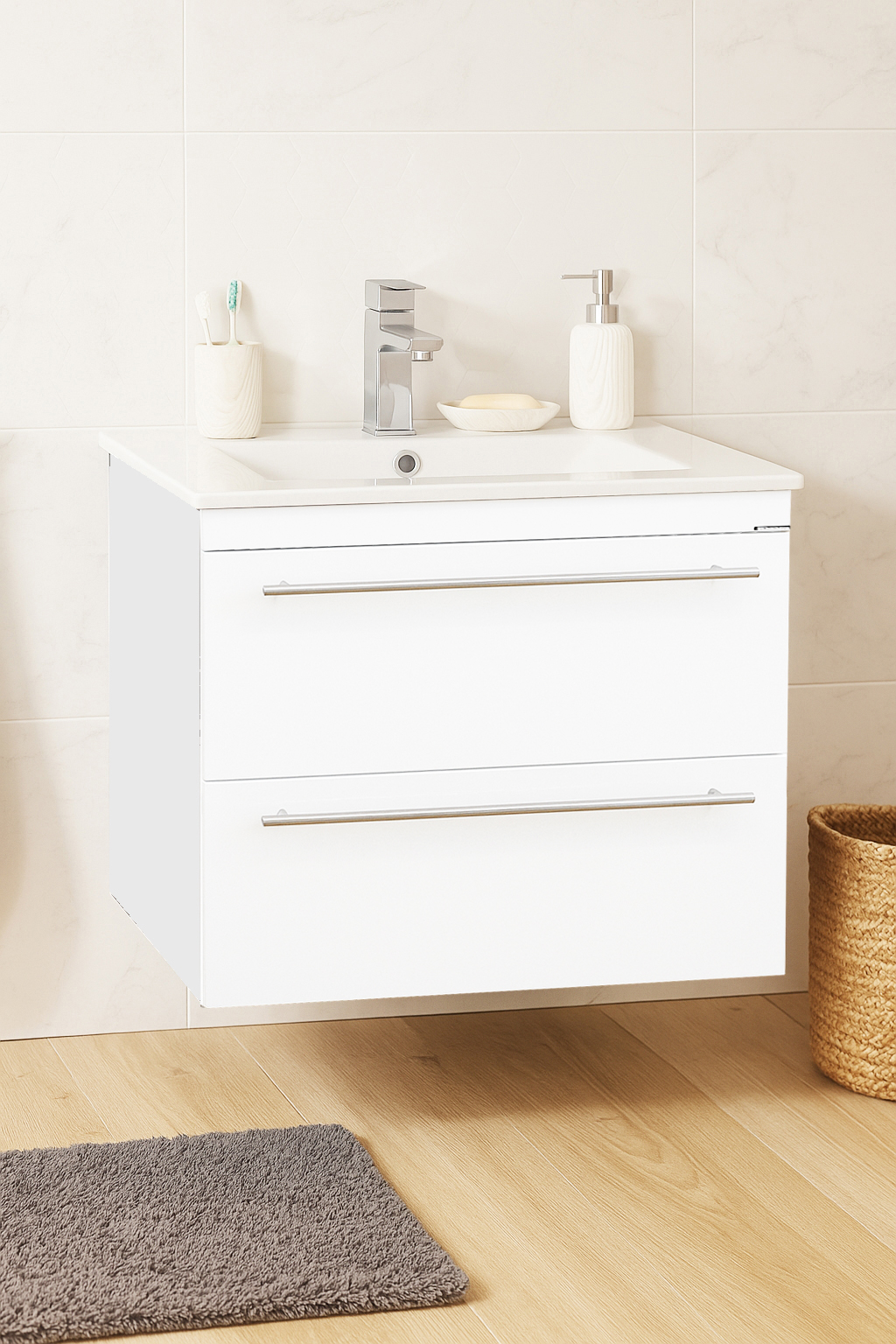 Mobilier Baie MDF și lavoar, Seria 054, Suspendat, Sertare, Montat, 60cm, Alb