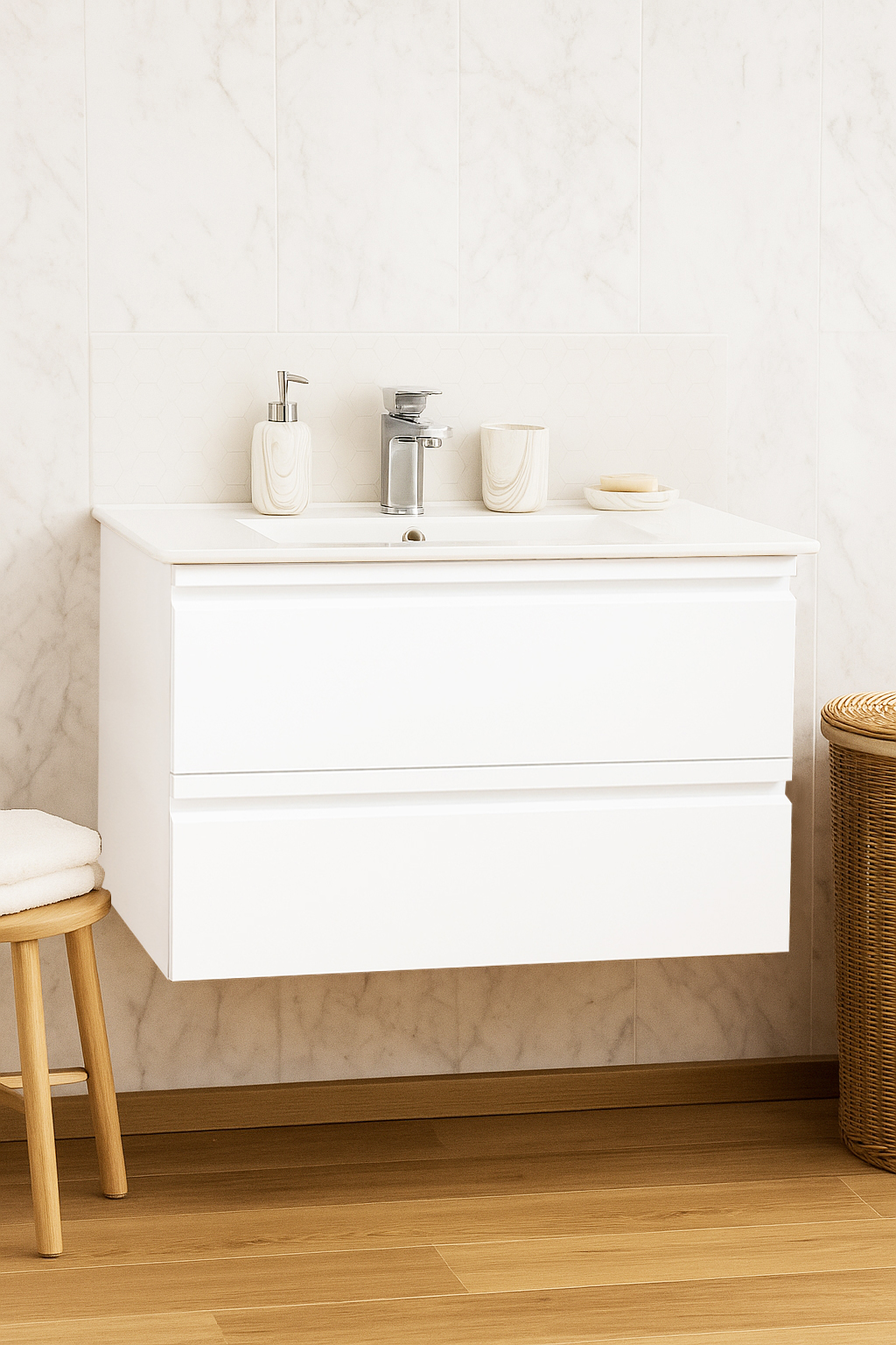 Mobilier Baie MDF și lavoar, Seria 086, Suspendat, Sertare, 80cm, Alb