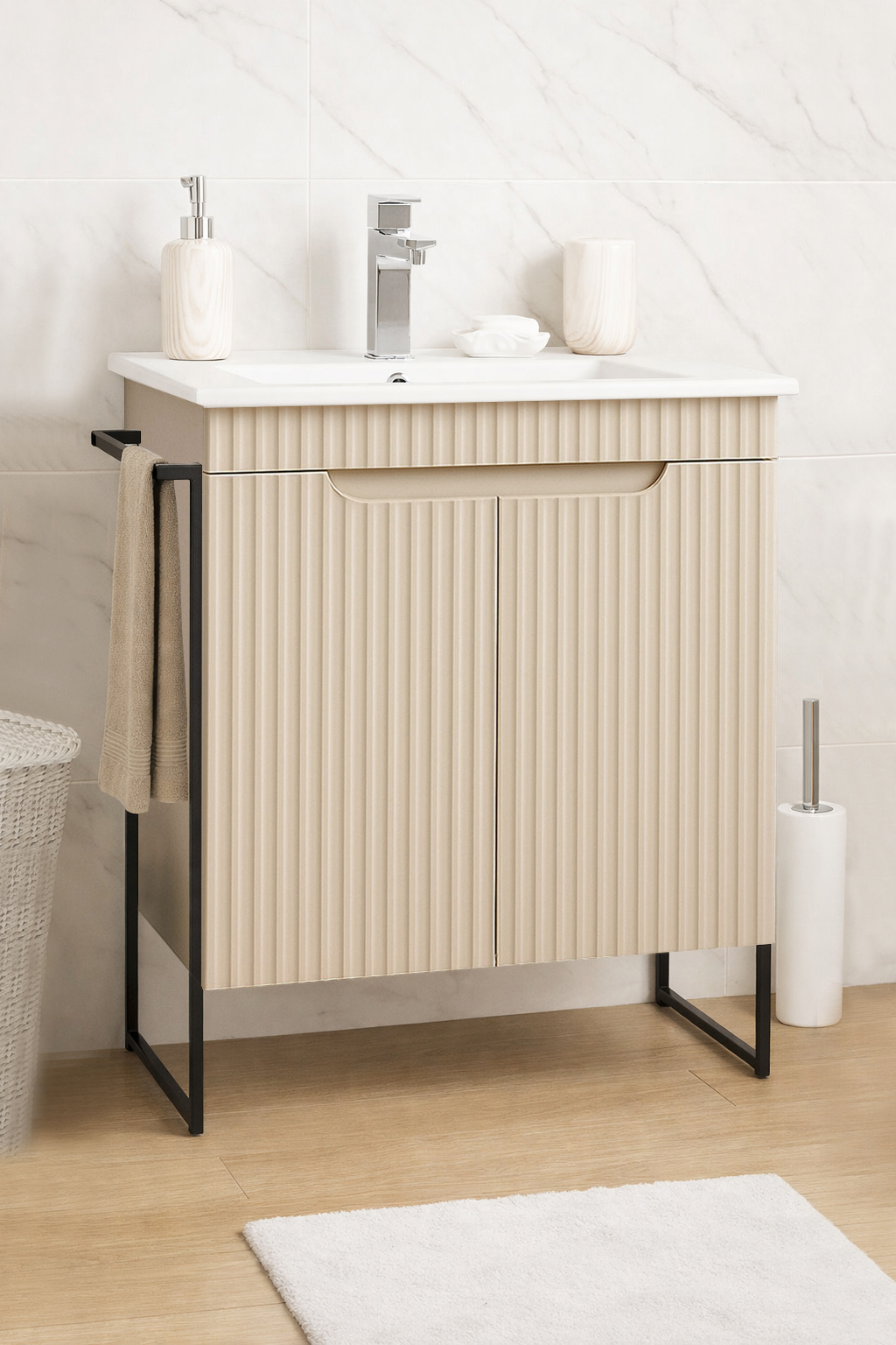 Mobilier Baie MDF și lavoar, Seria 033, Cadru metalic, 60cm, Crem