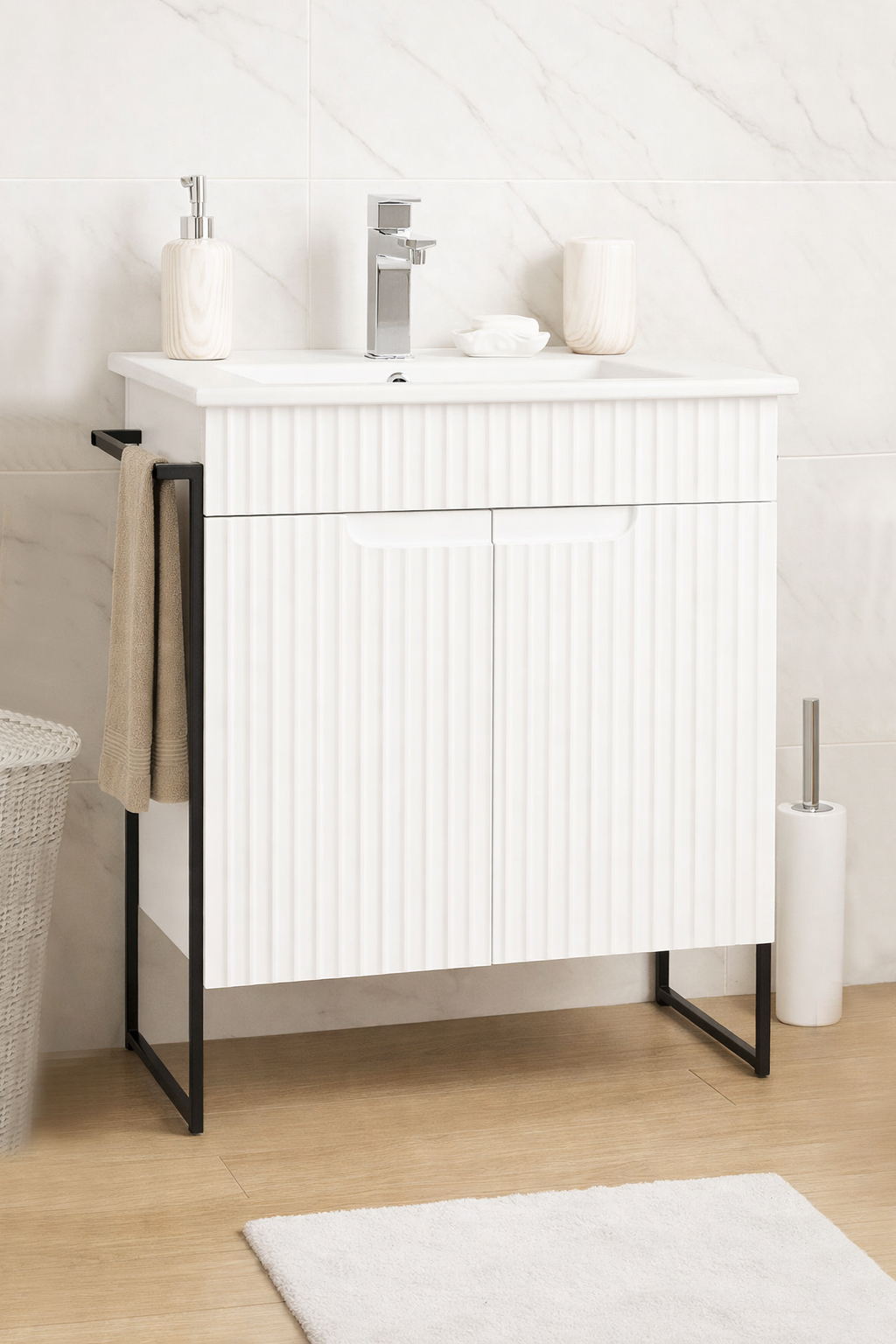 Mobilier Baie MDF Kit și lavoar, Seria 033, Cadru metalic, 60cm, Alb rustic