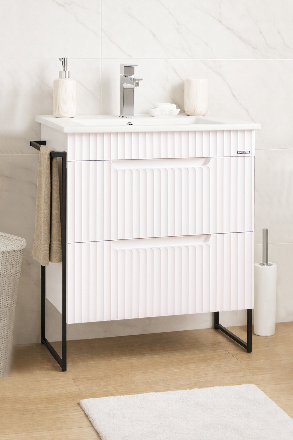 Mobilier Baie MDF și lavoar, Seria 033, Sertare, Cadru metalic, 60cm, Alb rustic