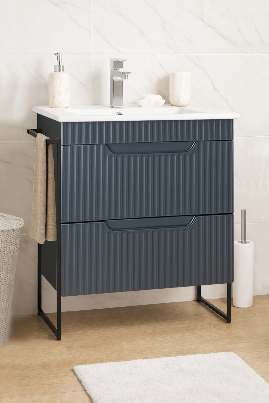 Mobilier Baie MDF și lavoar, Seria 033, Sertare, Cadru metalic, 60cm, Antracit