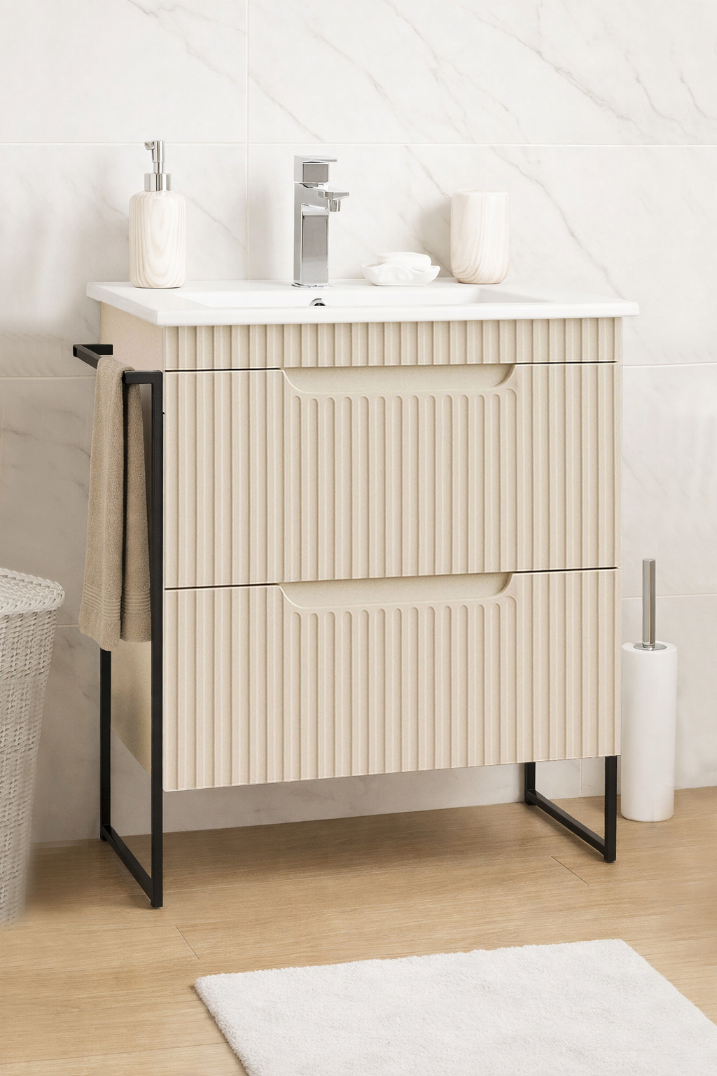 Mobilier Baie MDF și lavoar, Seria 033, Sertare, Cadru metalic, 60cm, Crem