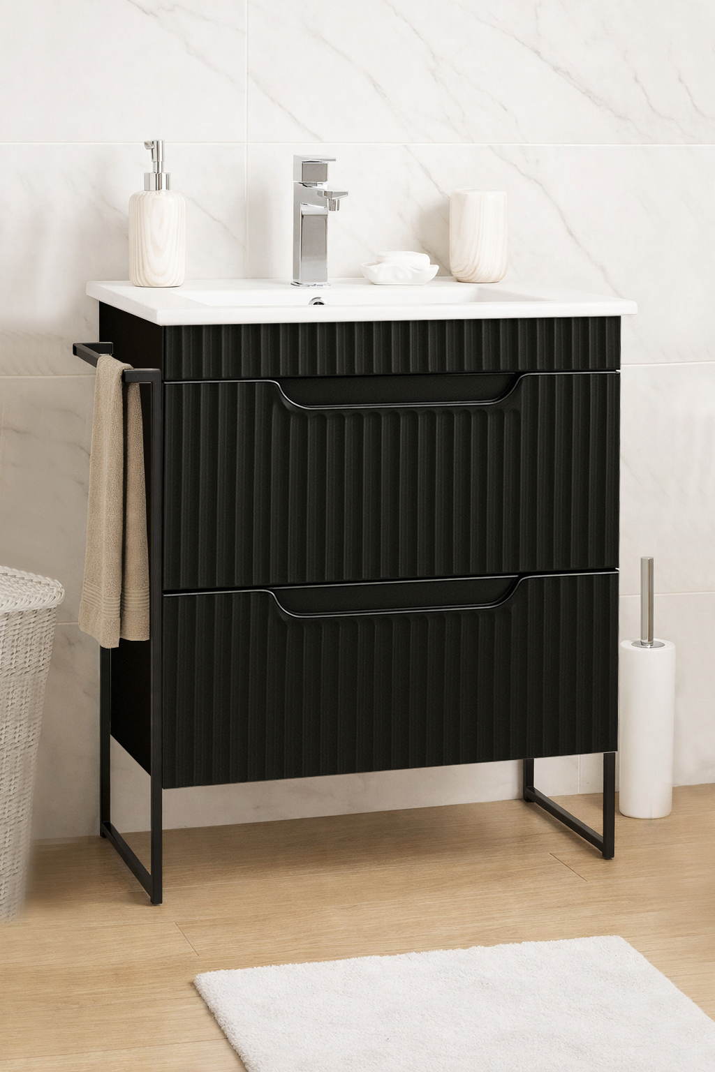 Mobilier Baie MDF și lavoar, Seria 033, Sertare, Cadru metalic, 60cm, Negru