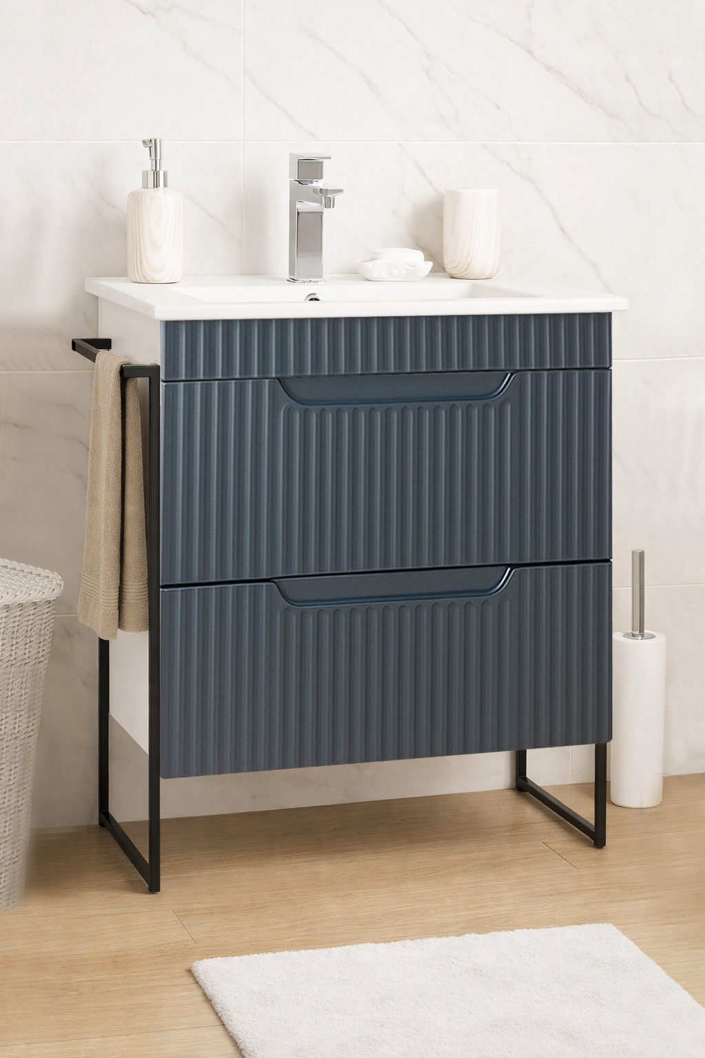 Mobilier Baie MDF Kit și lavoar, Seria 033, Sertare, Cadru metalic, 60cm, Antracit