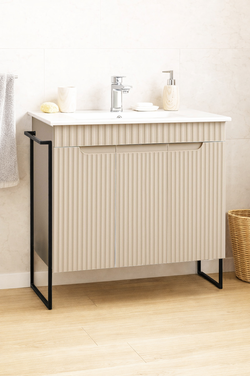 MDF Bathroom Furniture and Sink, Series 033, Metal Frame, 80cm, Cream