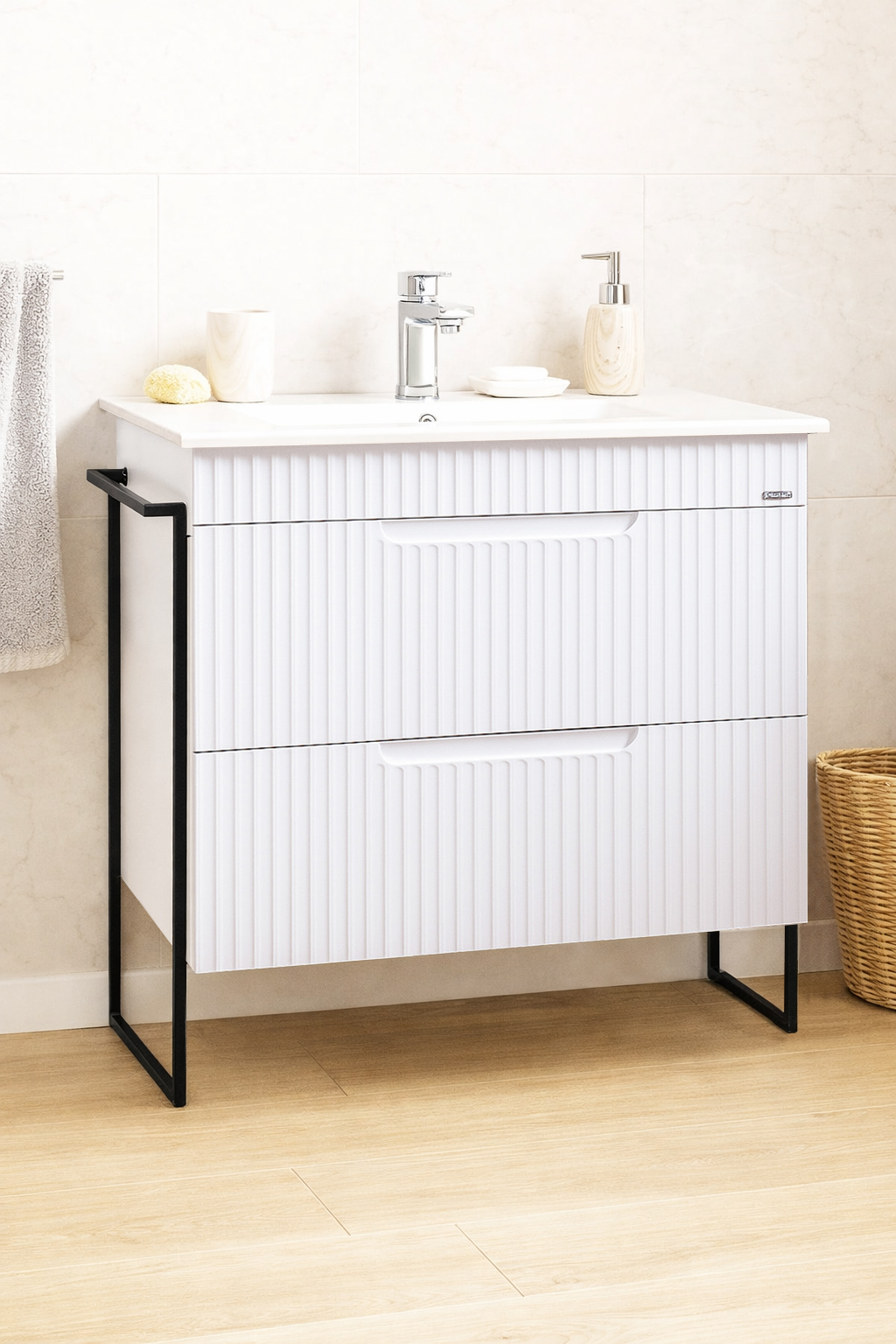 MDF Bathroom Furniture and Sink, Series 033, Drawers, Metal Frame, 80cm, Rustic White