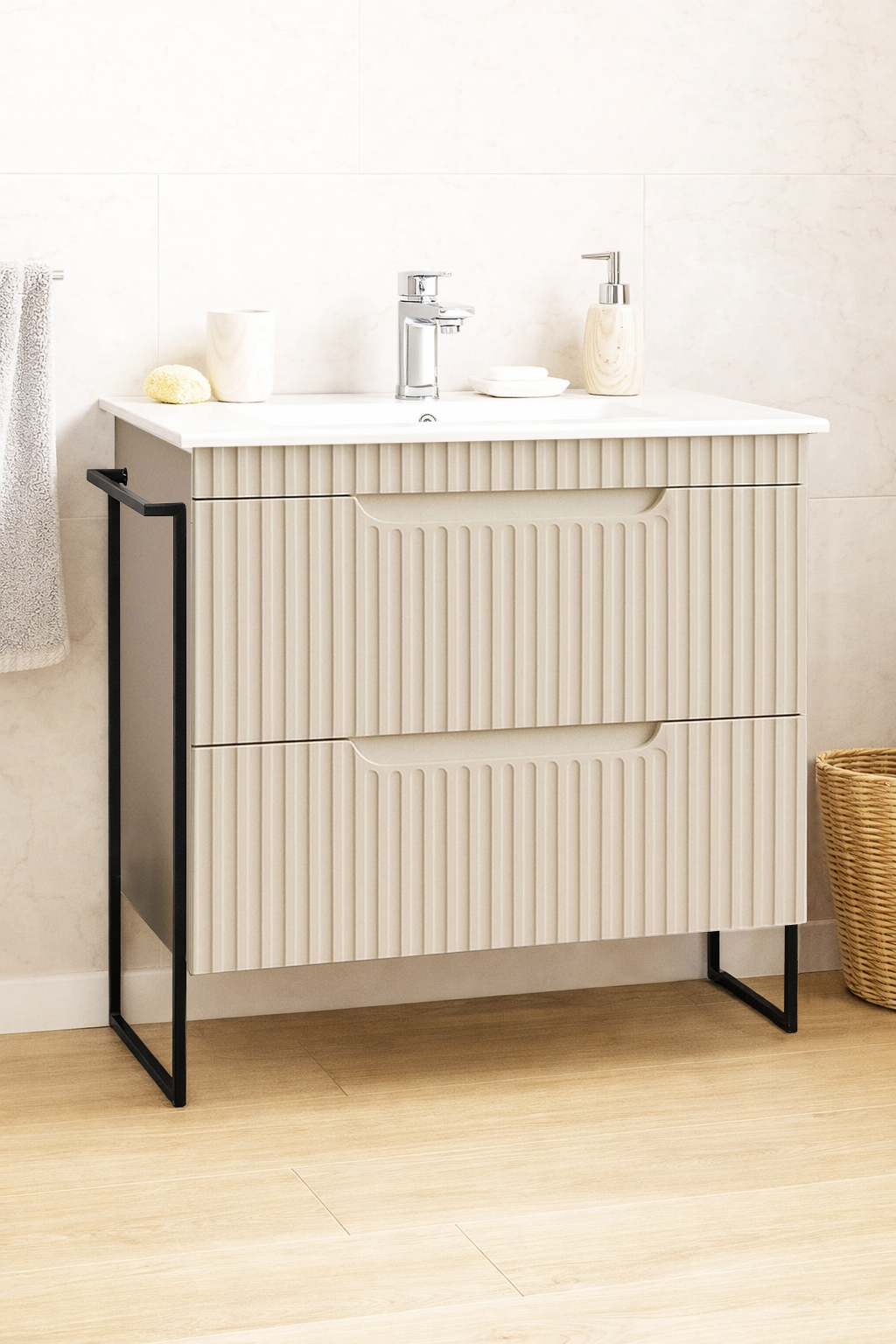 MDF Bathroom Furniture and Sink, Series 033, Drawers, Metal Frame, 80cm, Cream