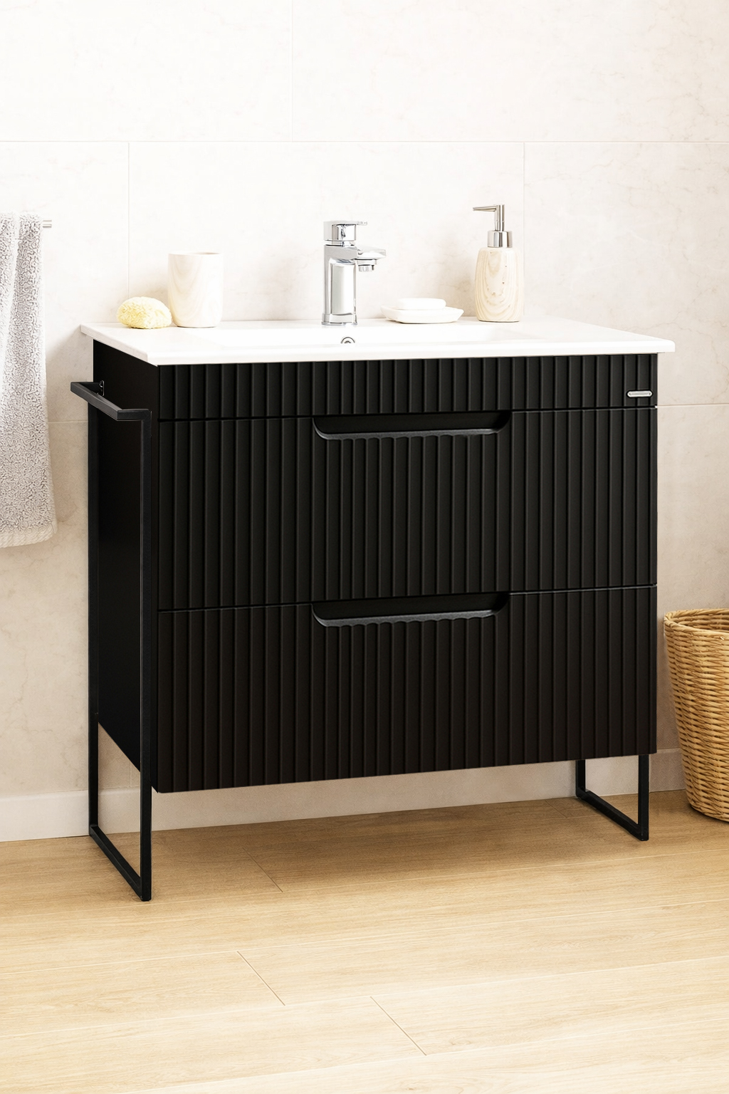 MDF Bathroom Furniture and Sink, Series 033, Drawers, Metal Frame, 80cm, Black
