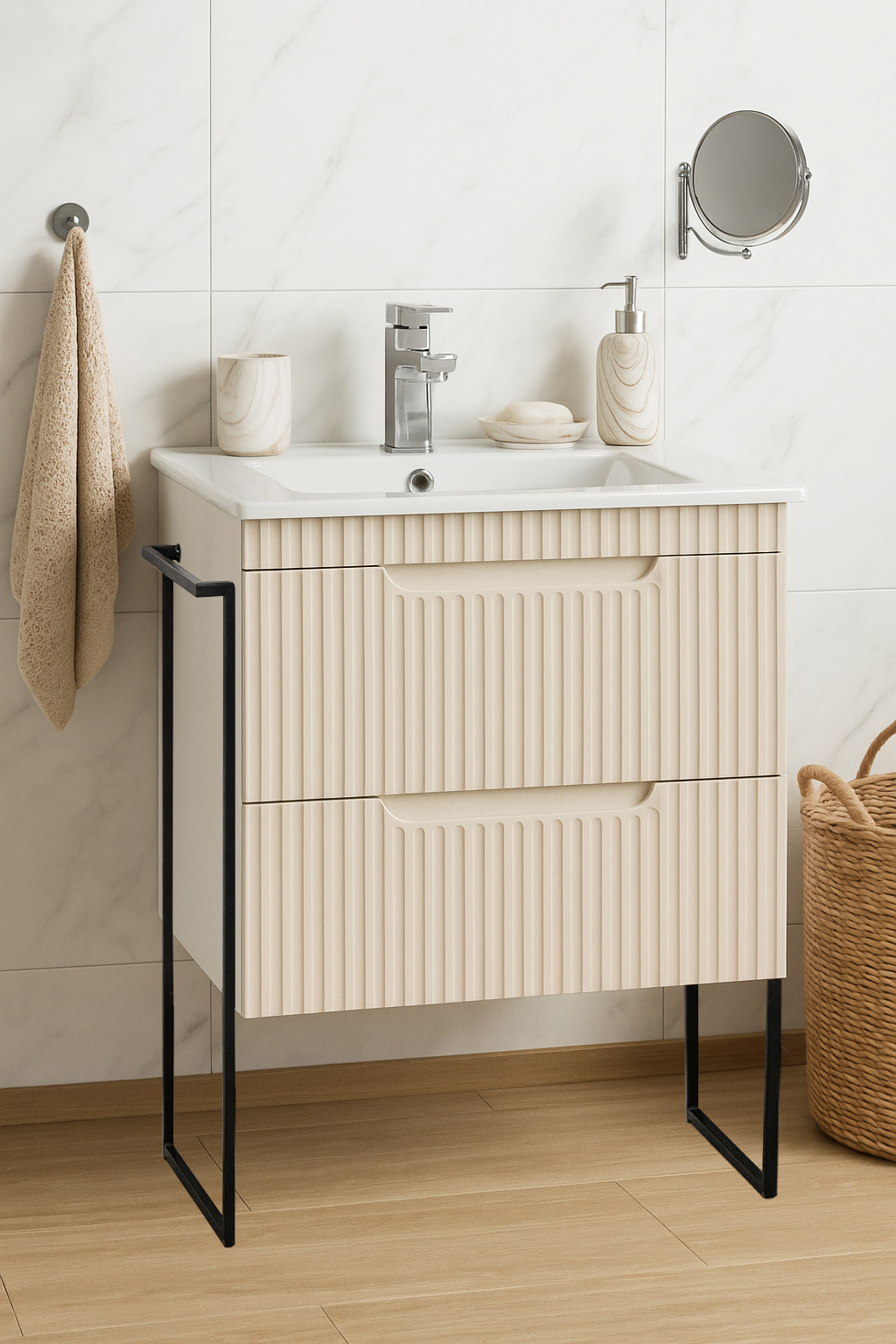 MDF Bathroom Furniture and Sink, Series 033, Drawers, Metal Frame, 60cm, Cream