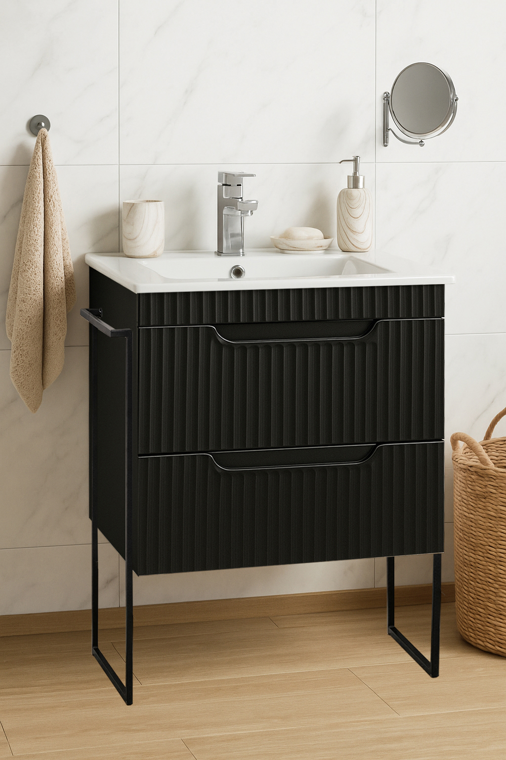 MDF Bathroom Furniture and Sink, Series 033, Drawers, Metal Frame, 60cm, Negru