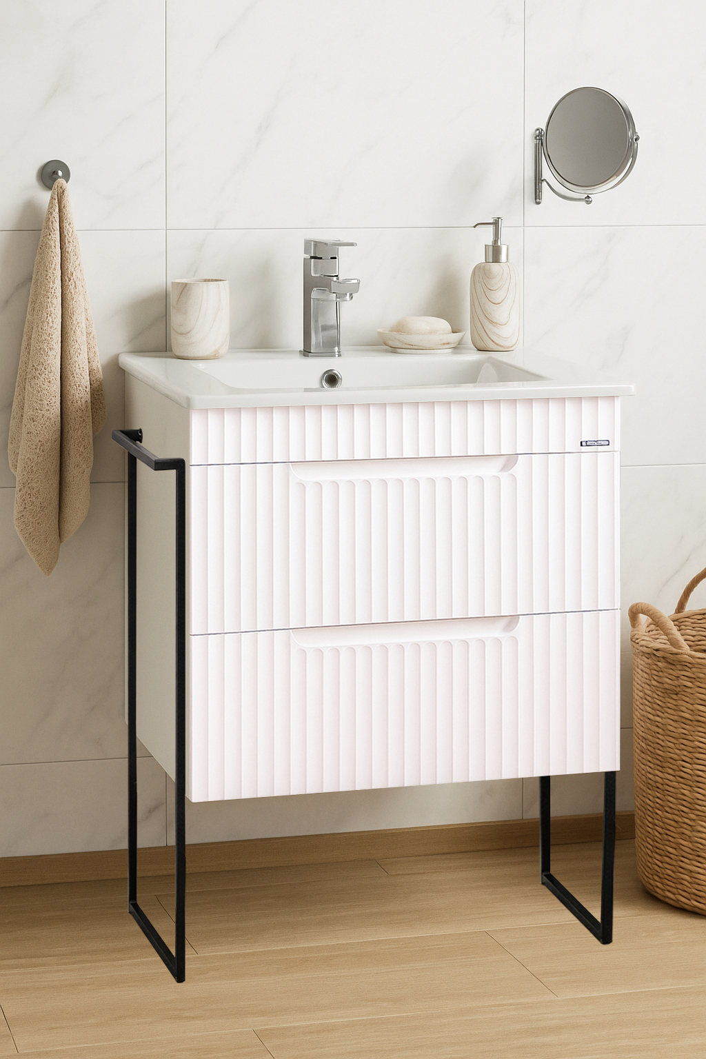 MDF Kit Bathroom Furniture and Sink, Series 033, Drawers, Metal Frame, 60cm, Rustic White