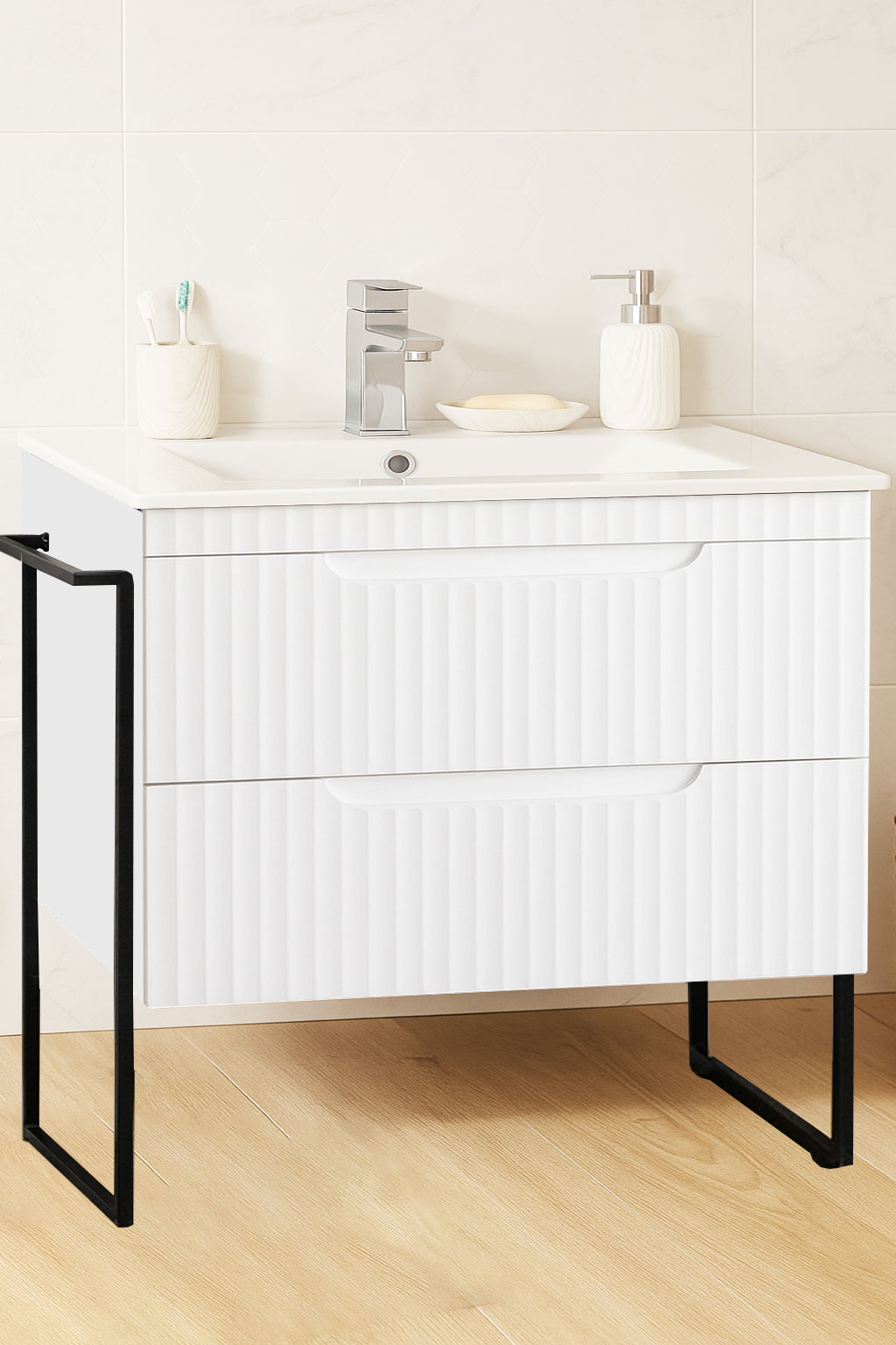 Mobilier Baie MDF și lavoar, Seria 033, Sertare, Cadru metalic, 80cm, Alb rustic