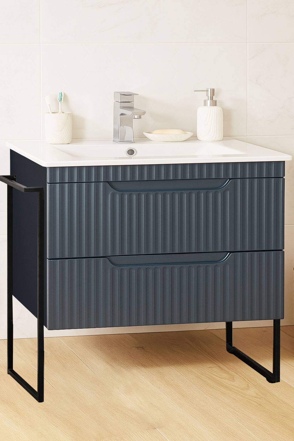 Mobilier Baie MDF și lavoar, Seria 033, Sertare, Cadru metalic, 80cm, Antracit