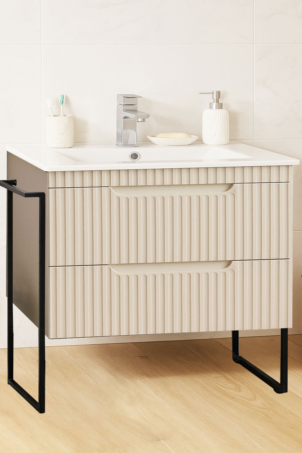 Mobilier Baie MDF și lavoar, Seria 033, Sertare, Cadru metalic, 80cm, Crem