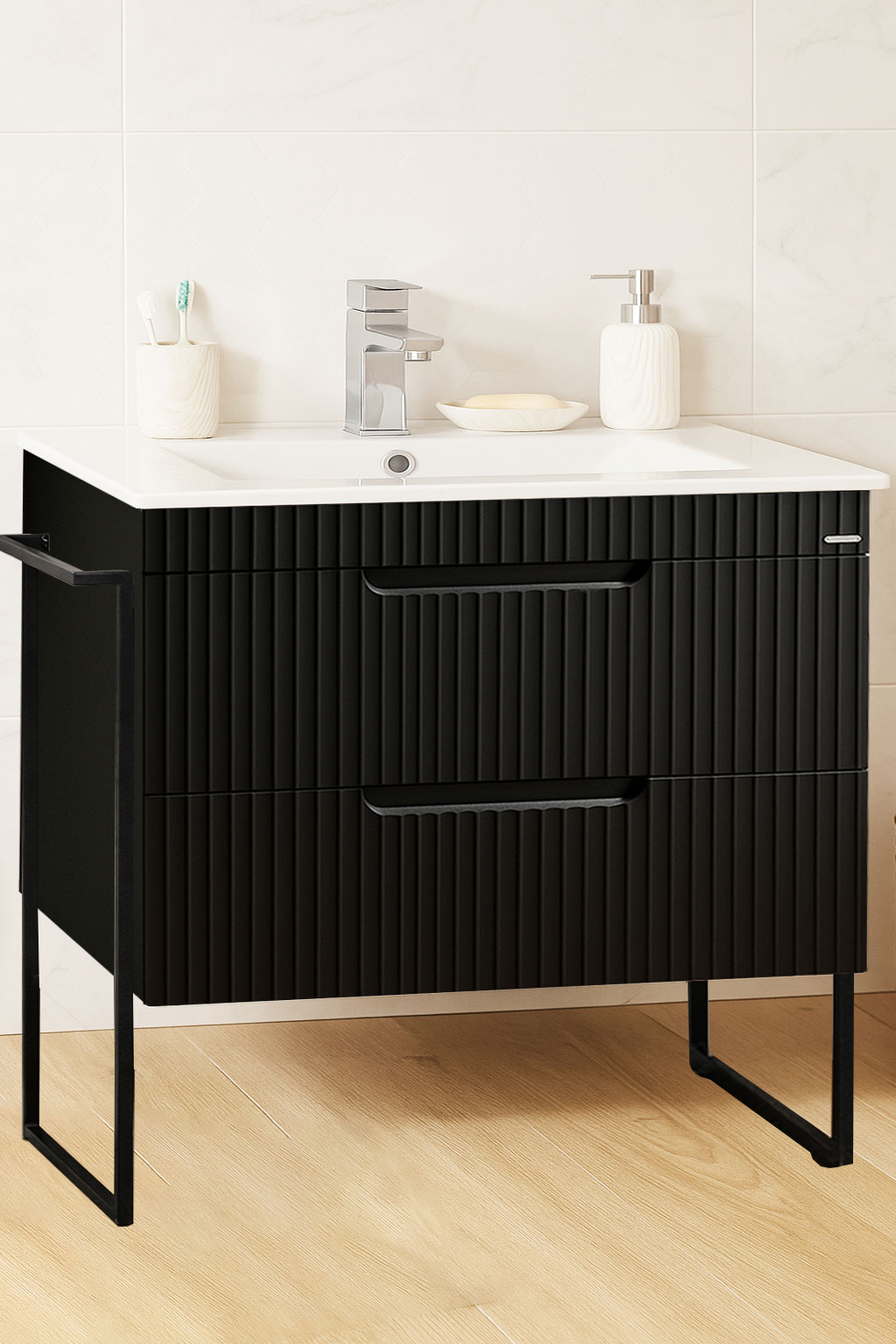 Mobilier Baie MDF și lavoar, Seria 033, Sertare, Cadru metalic, 80cm, Negru