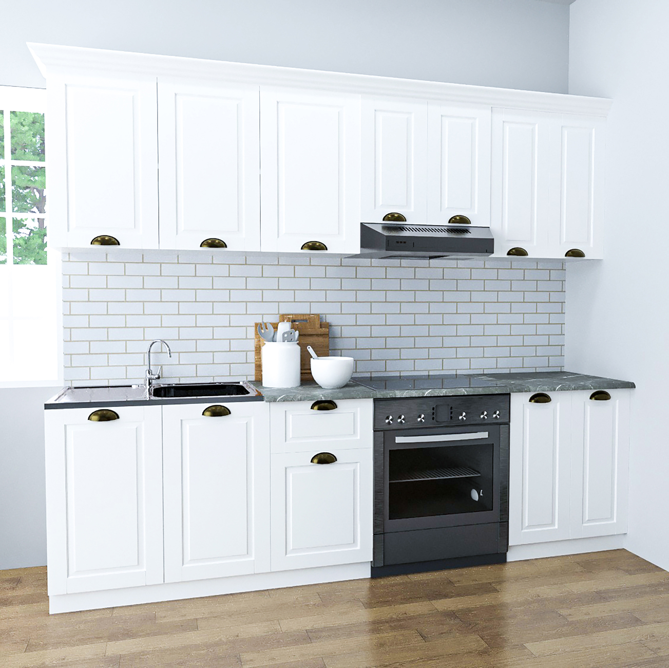 Mobilier bucătărie MDF Set, Square, 240cm, Alb Rustic