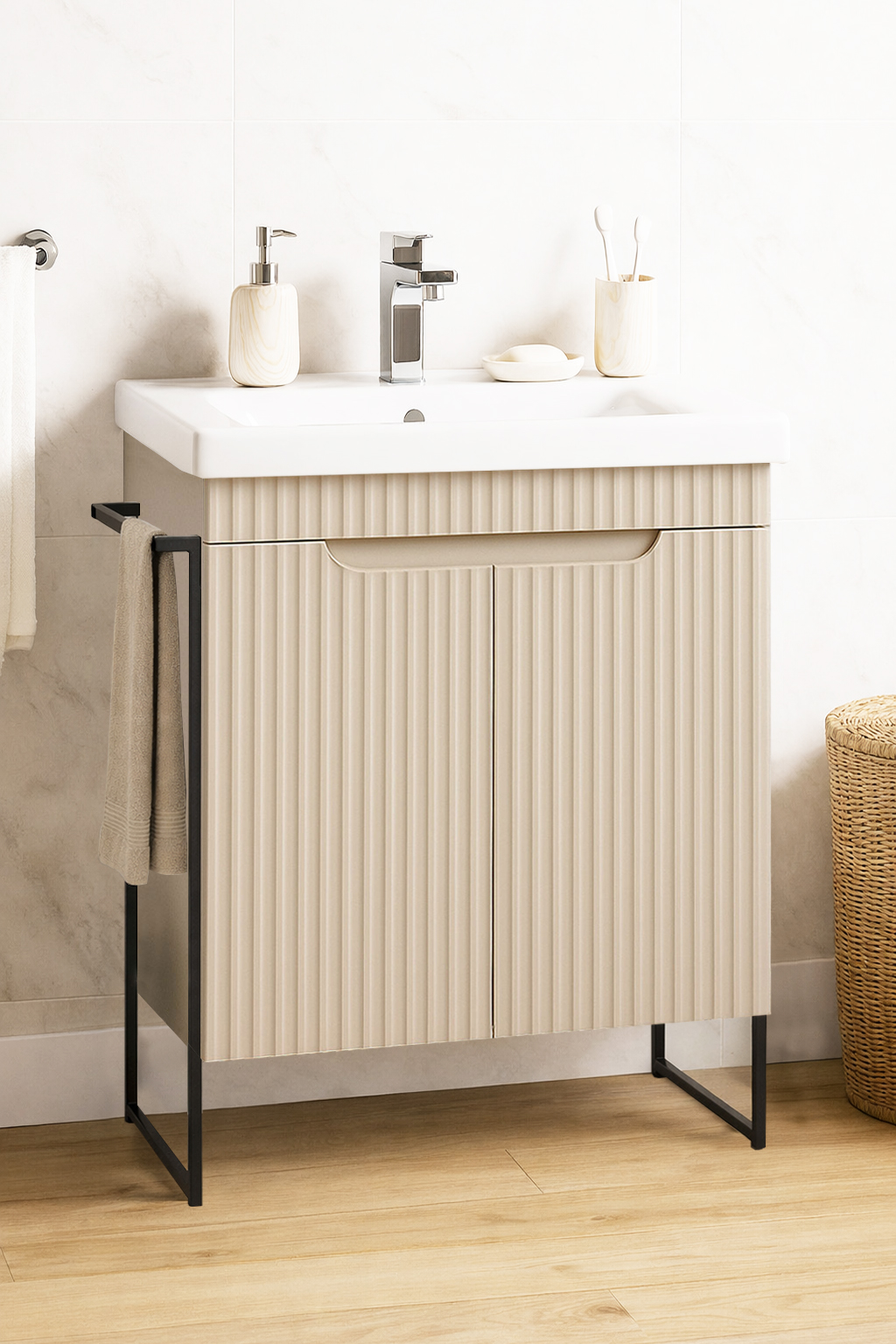 Mobilier Baie MDF și lavoar, Seria 733, Cadru metalic, 60cm, Crem