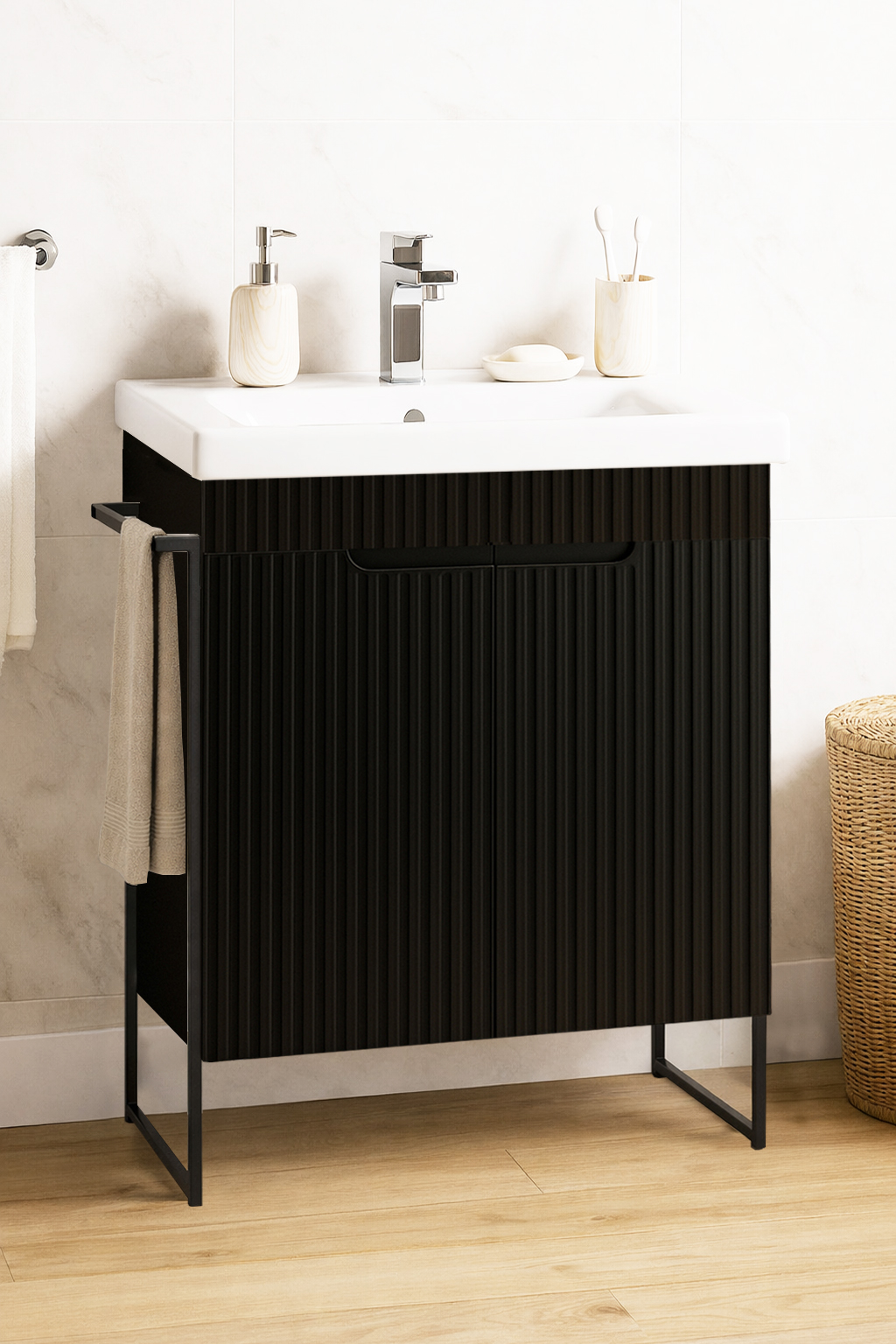 Mobilier Baie MDF și lavoar, Seria 733, Cadru metalic, 60cm, Negru