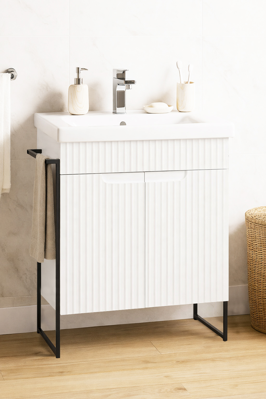 Mobilier Baie MDF Kit și lavoar, Seria 733, Cadru metalic, 60cm, Alb rustic