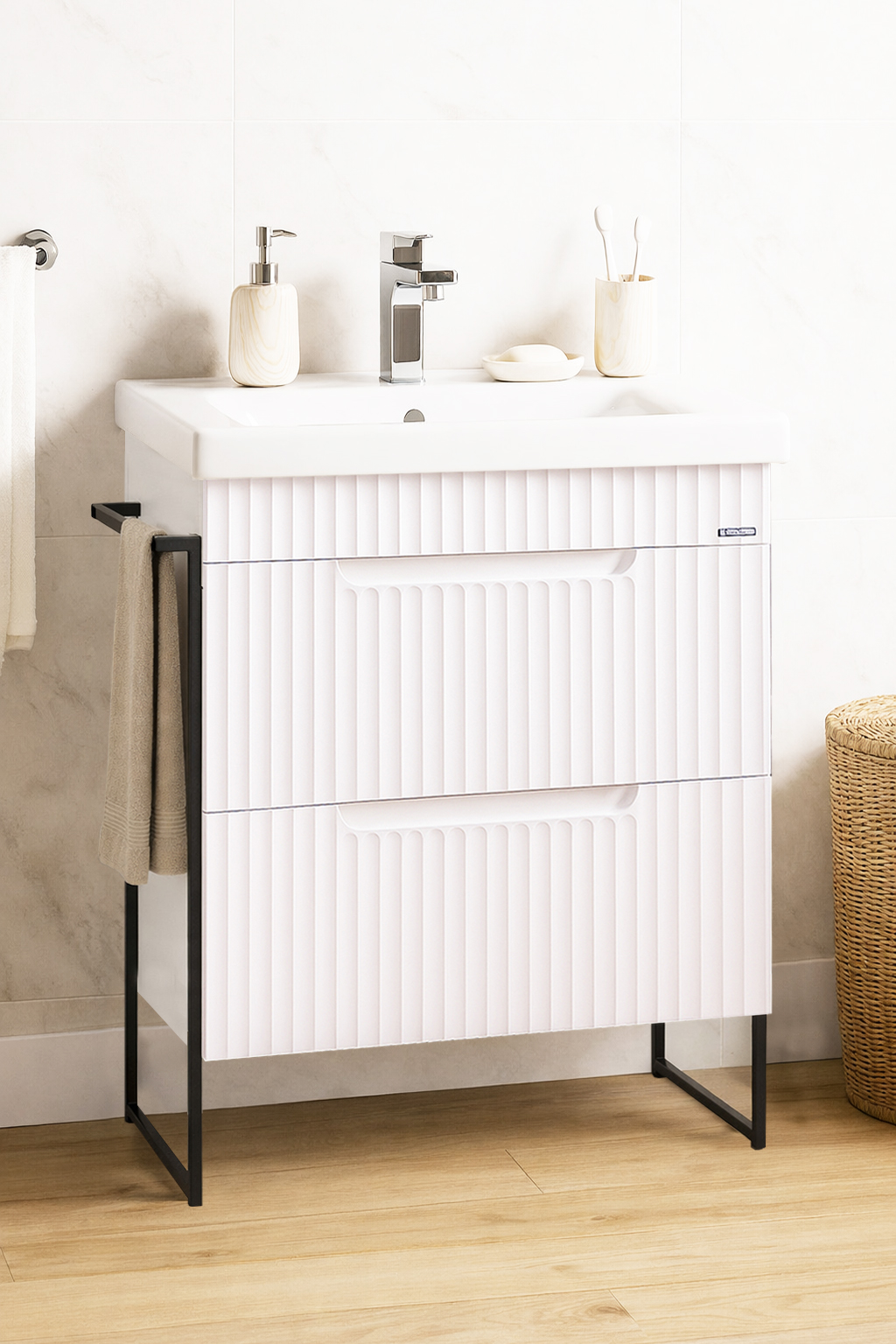 Mobilier Baie MDF și lavoar, Seria 733, Sertare, Cadru metalic, 60cm, Alb rustic